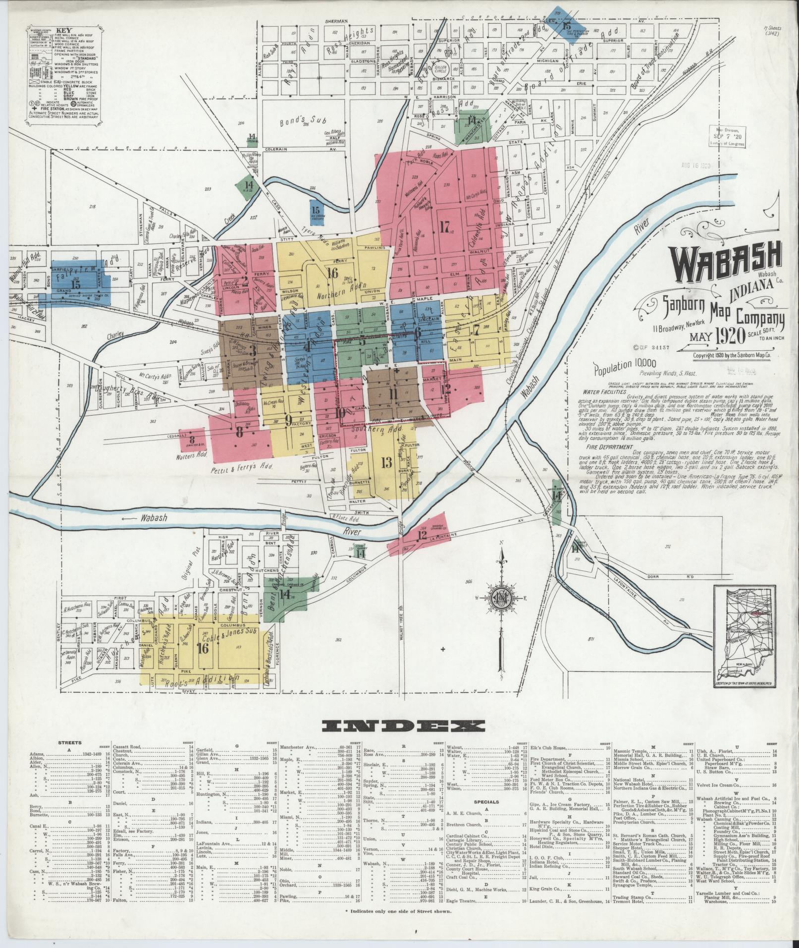 Sanborn Fire Insurance Map from Wabash, Wabash County, Indiana (1920), Sheet #0001 - Complete Map Set gallery image, historic Sanborn map, vintage wall art, Indiana Indiana