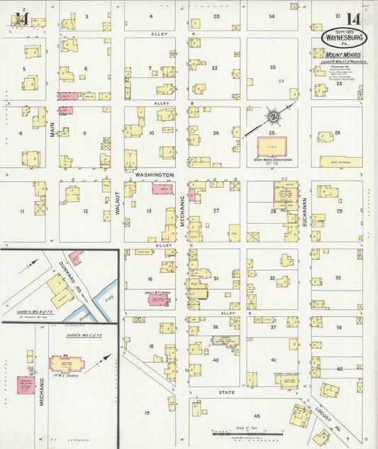 Sanborn Fire Insurance Map from Waynesburg, Greene County, Pennsylvania (1925), Sheet #0014 - Historic Sanborn Fire Insurance Map Print, vintage old map wall art, antique decor, genealogy gift, Pennsylvania Pennsylvania map