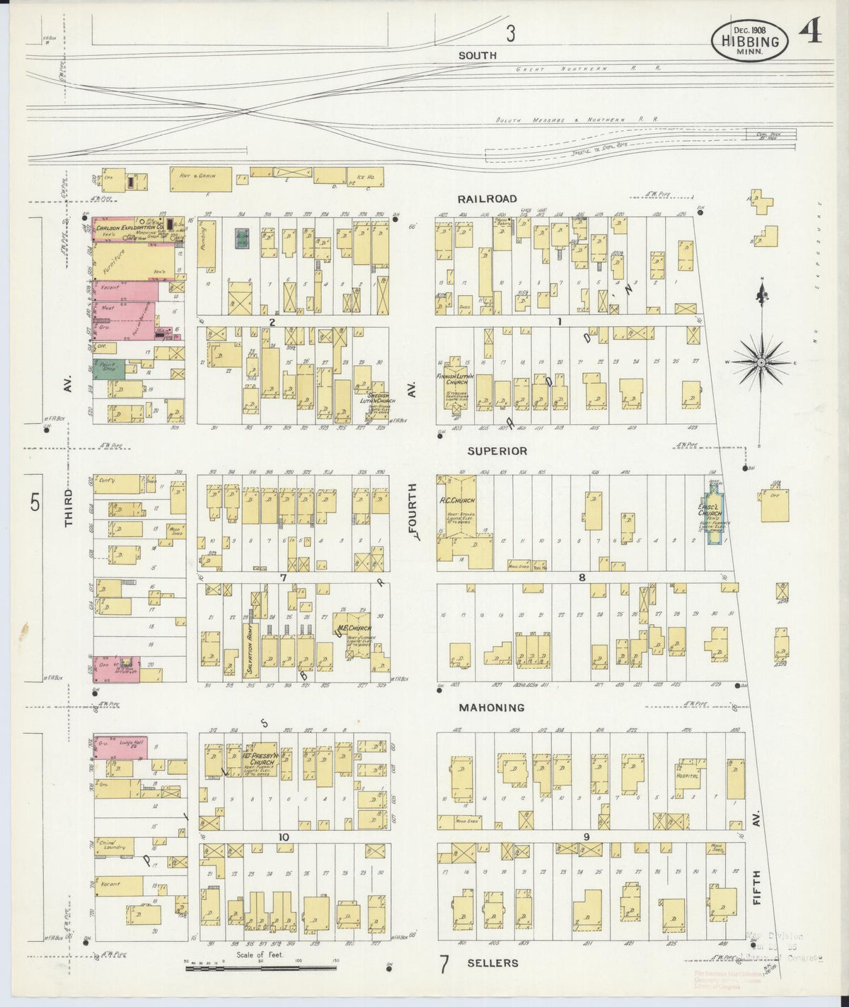 Sanborn Fire Insurance Map from Hibbing, Saint Louis County, Minnesota (1908), Sheet #0004 - Complete Map Set gallery image, historic Sanborn map, vintage wall art, Minnesota Minnesota