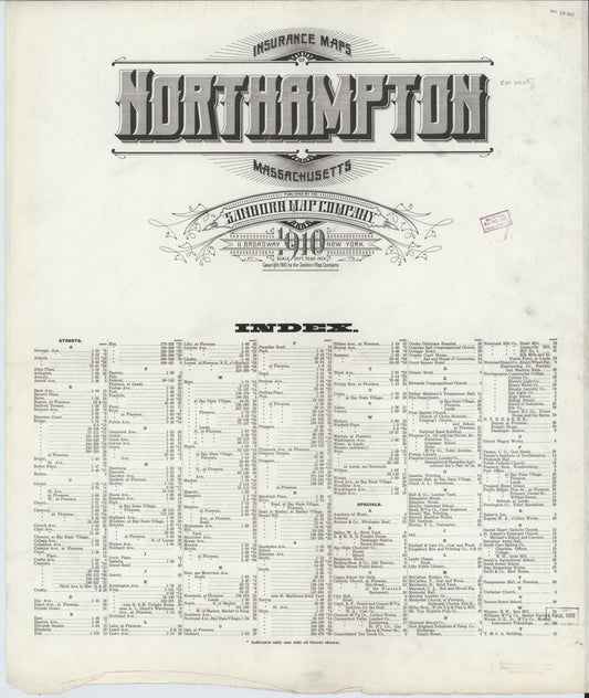 Sanborn Fire Insurance Map from Northampton, Hampshire County, Massachusetts (1910), Sheet #0001 - Historic Sanborn Fire Insurance Map Print, vintage old map wall art, antique decor, genealogy gift, Massachusetts Massachusetts map