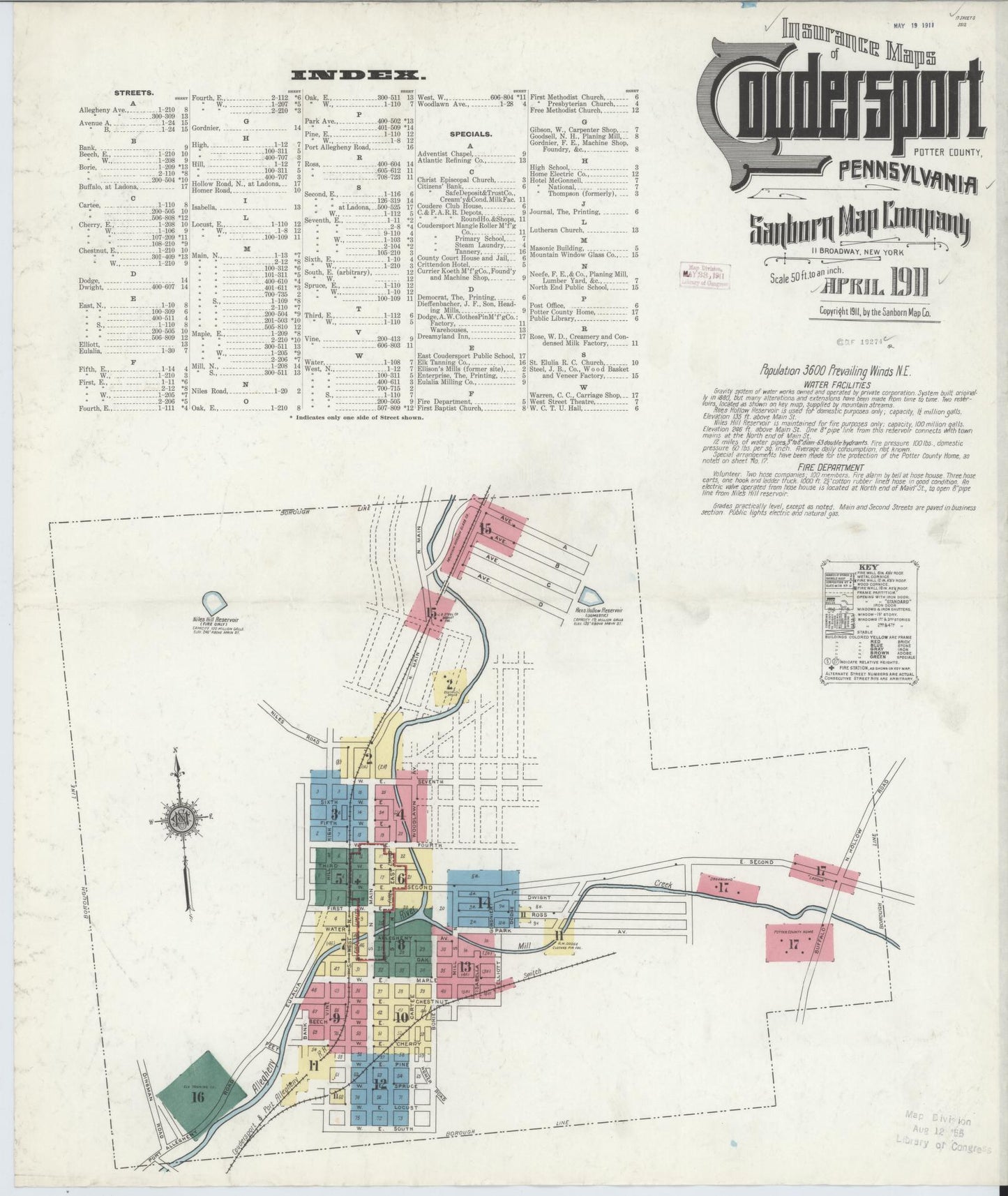 Sanborn Fire Insurance Map from Coudersport, Potter County, Pennsylvania (1911), Sheet #0001 - Historic Sanborn Fire Insurance Map Print, vintage old map wall art, antique decor, genealogy gift, Pennsylvania Pennsylvania map
