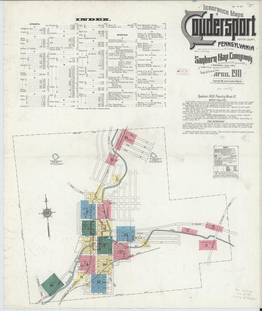Sanborn Fire Insurance Map from Coudersport, Potter County, Pennsylvania (1911), Sheet #0001 - Historic Sanborn Fire Insurance Map Print, vintage old map wall art, antique decor, genealogy gift, Pennsylvania Pennsylvania map