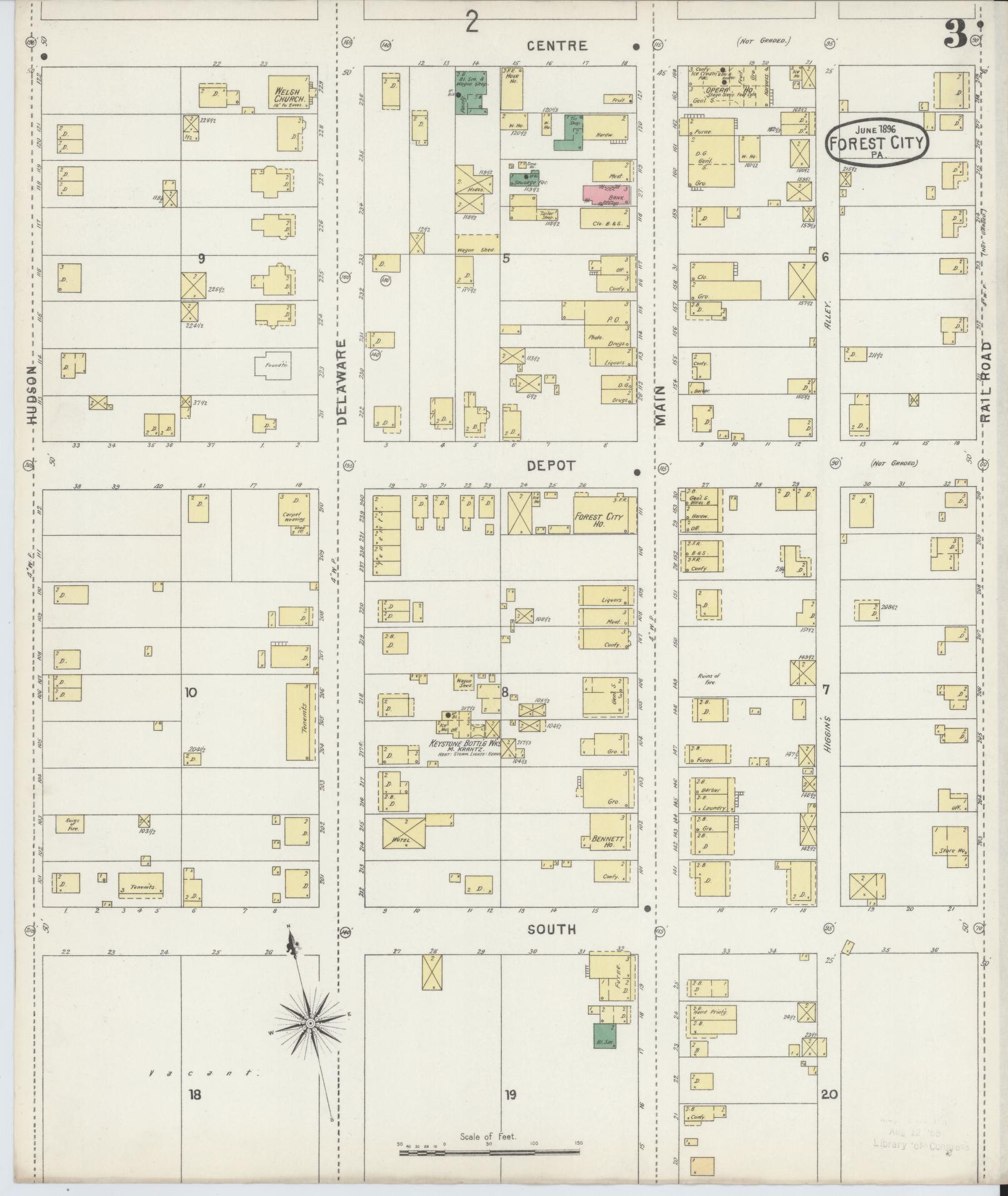 Sanborn Fire Insurance Map from Forest City, Susquehanna County, Pennsylvania (1896), Sheet #0003 - Historic Sanborn Fire Insurance Map Print, vintage old map wall art, antique decor, genealogy gift, Pennsylvania Pennsylvania map