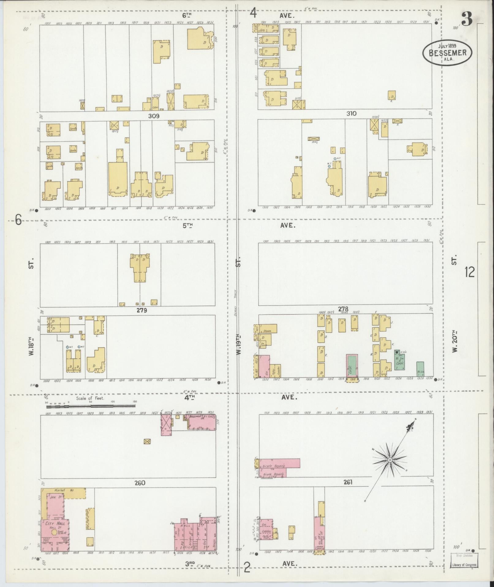 Sanborn Fire Insurance Map from Bessemer, Jefferson County, Alabama (1899), Sheet #0003 - Complete Map Set gallery image, historic Sanborn map, vintage wall art, Alabama Alabama