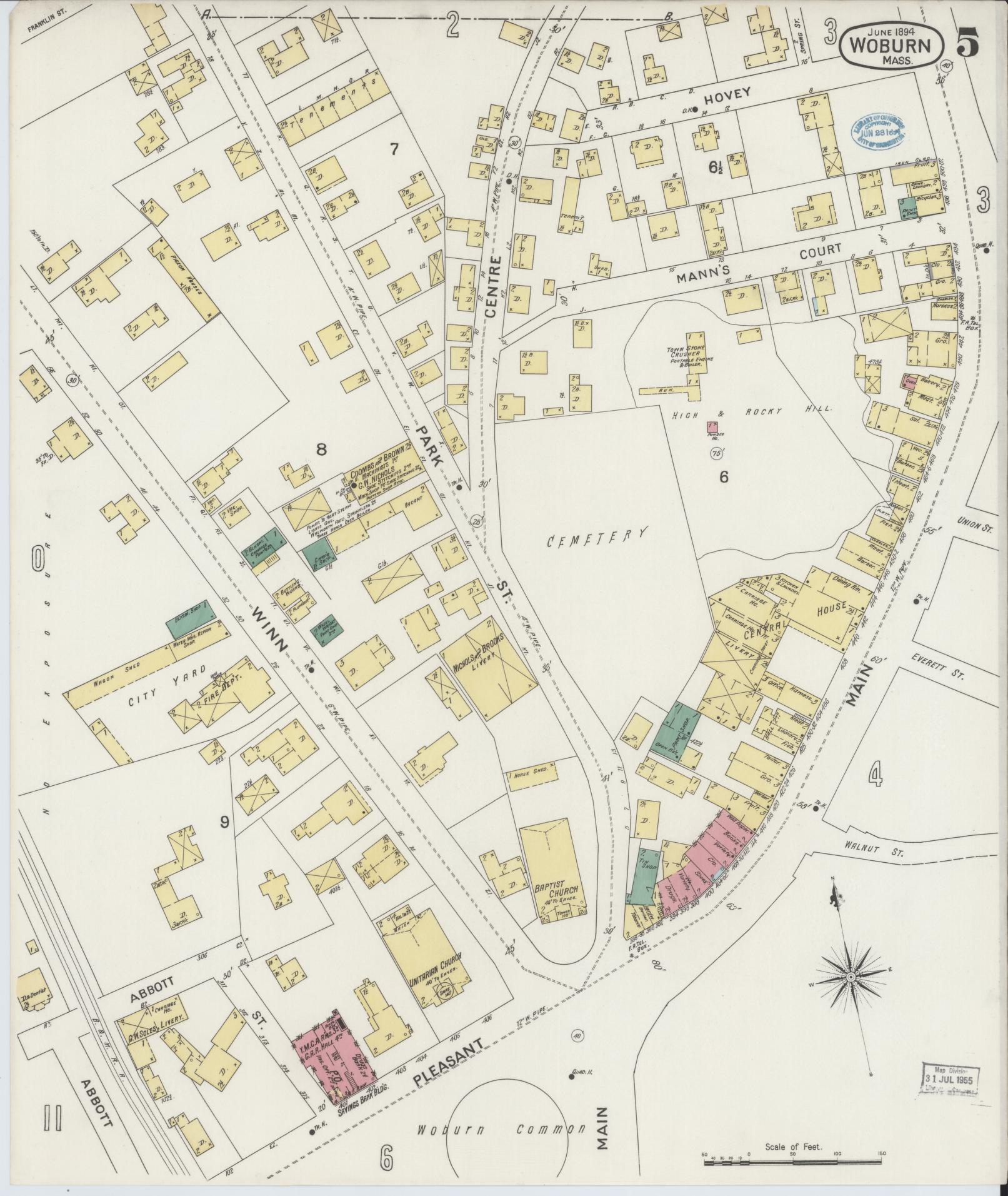 Sanborn Fire Insurance Map from Woburn, Middlesex County, Massachusetts (1894), Sheet #0005 - Historic Sanborn Fire Insurance Map Print, vintage old map wall art, antique decor, genealogy gift, Massachusetts Massachusetts map