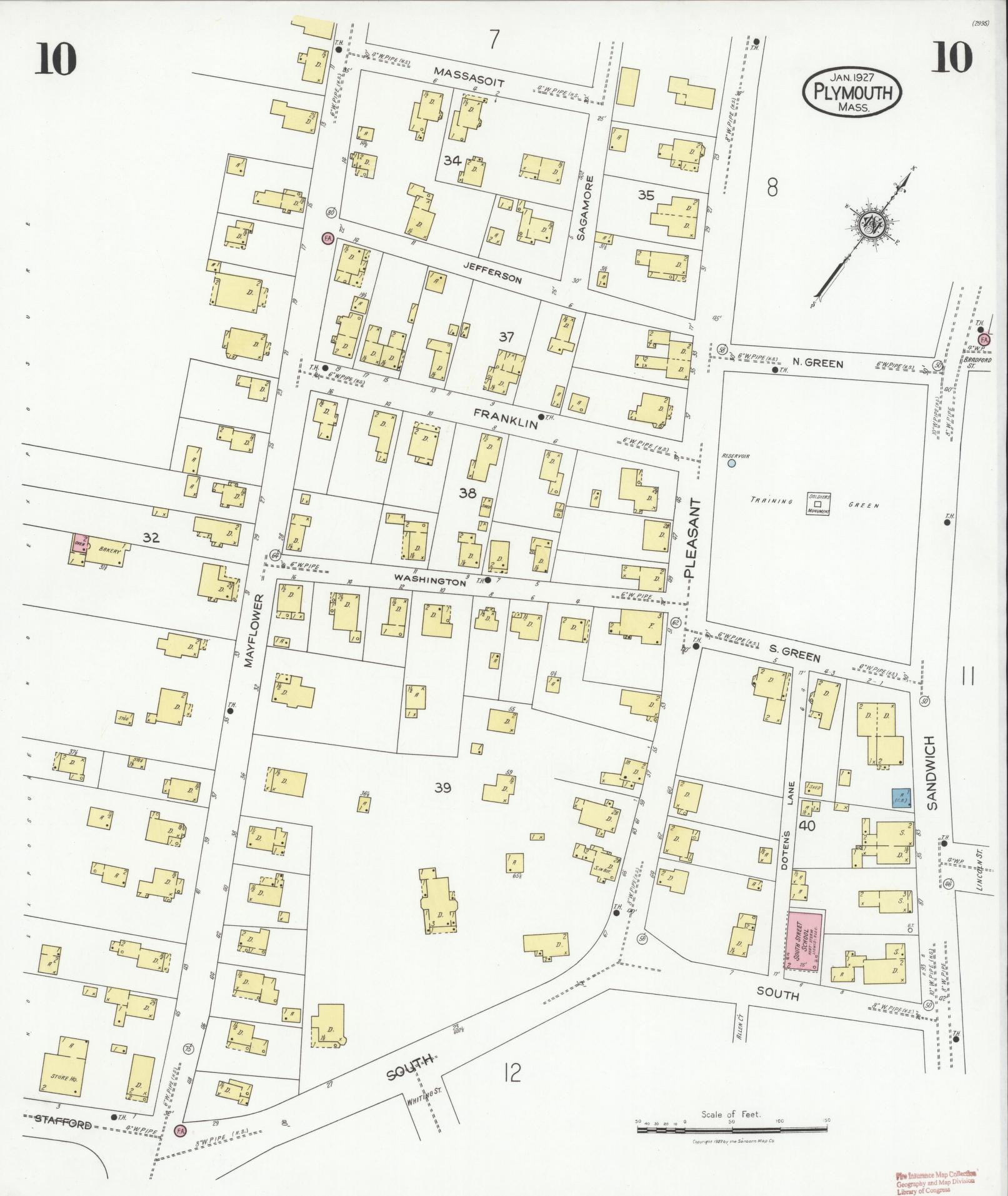 Sanborn Fire Insurance Map from Plymouth, Plymouth County, Massachusetts (1927), Sheet #0010 - Historic Sanborn Fire Insurance Map Print, vintage old map wall art, antique decor, genealogy gift, Massachusetts Massachusetts map