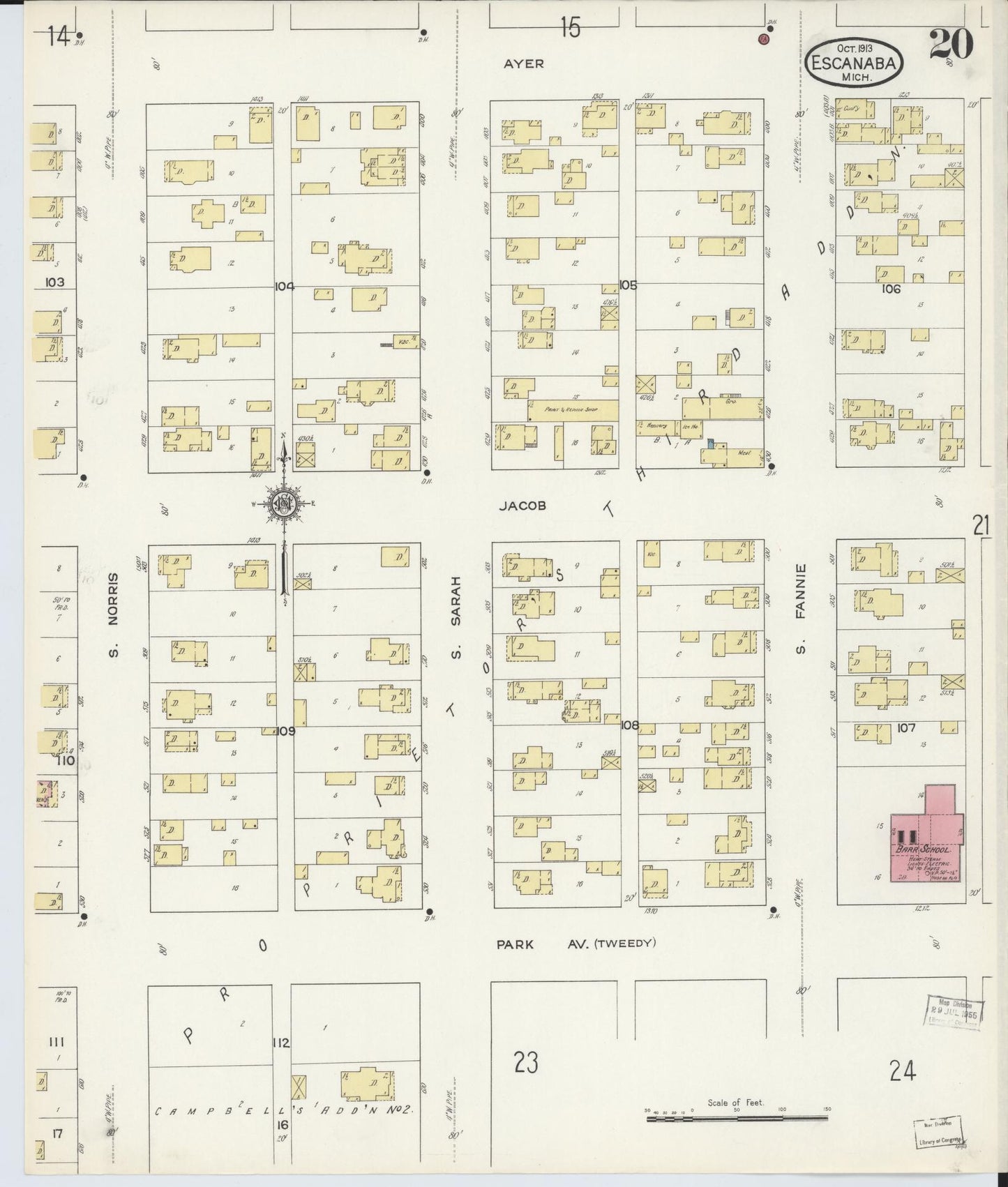 Sanborn Fire Insurance Map from Escanaba, Delta County, Michigan (1913), Sheet #0020 - Historic Sanborn Fire Insurance Map Print, vintage old map wall art, antique decor, genealogy gift, Michigan Michigan map
