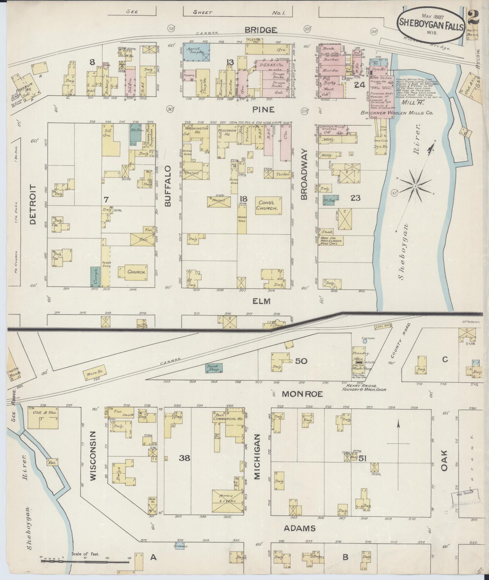 Sanborn Fire Insurance Map from Sheboygan Falls, Sheboygan County, Wisconsin (1887), Sheet #0002 - Historic Sanborn Fire Insurance Map Print, vintage old map wall art, antique decor, genealogy gift, Wisconsin Wisconsin map