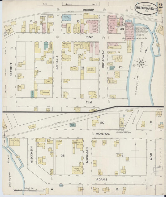 Sanborn Fire Insurance Map from Sheboygan Falls, Sheboygan County, Wisconsin (1887), Sheet #0002 - Historic Sanborn Fire Insurance Map Print, vintage old map wall art, antique decor, genealogy gift, Wisconsin Wisconsin map