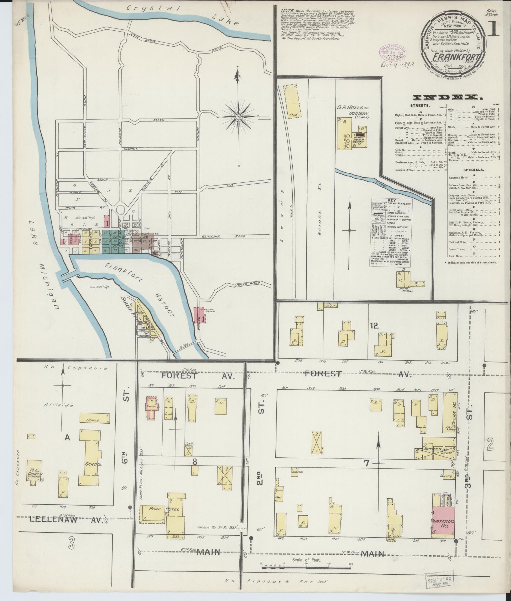 Sanborn Fire Insurance Map from Frankfort, Benzie County, Michigan (1893), Sheet #0001 - Historic Sanborn Fire Insurance Map Print, vintage old map wall art, antique decor, genealogy gift, Michigan Michigan map