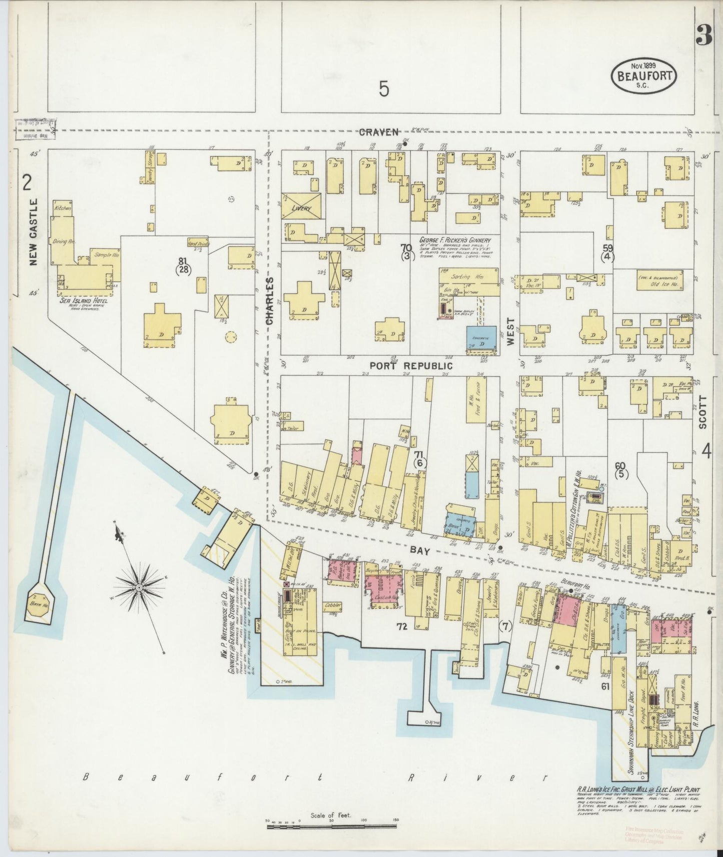 Sanborn Fire Insurance Map from Beaufort, Beaufort County, South Carolina (1899), Sheet #0003 - Historic Sanborn Fire Insurance Map Print, vintage old map wall art, antique decor, genealogy gift, South Carolina South Carolina map