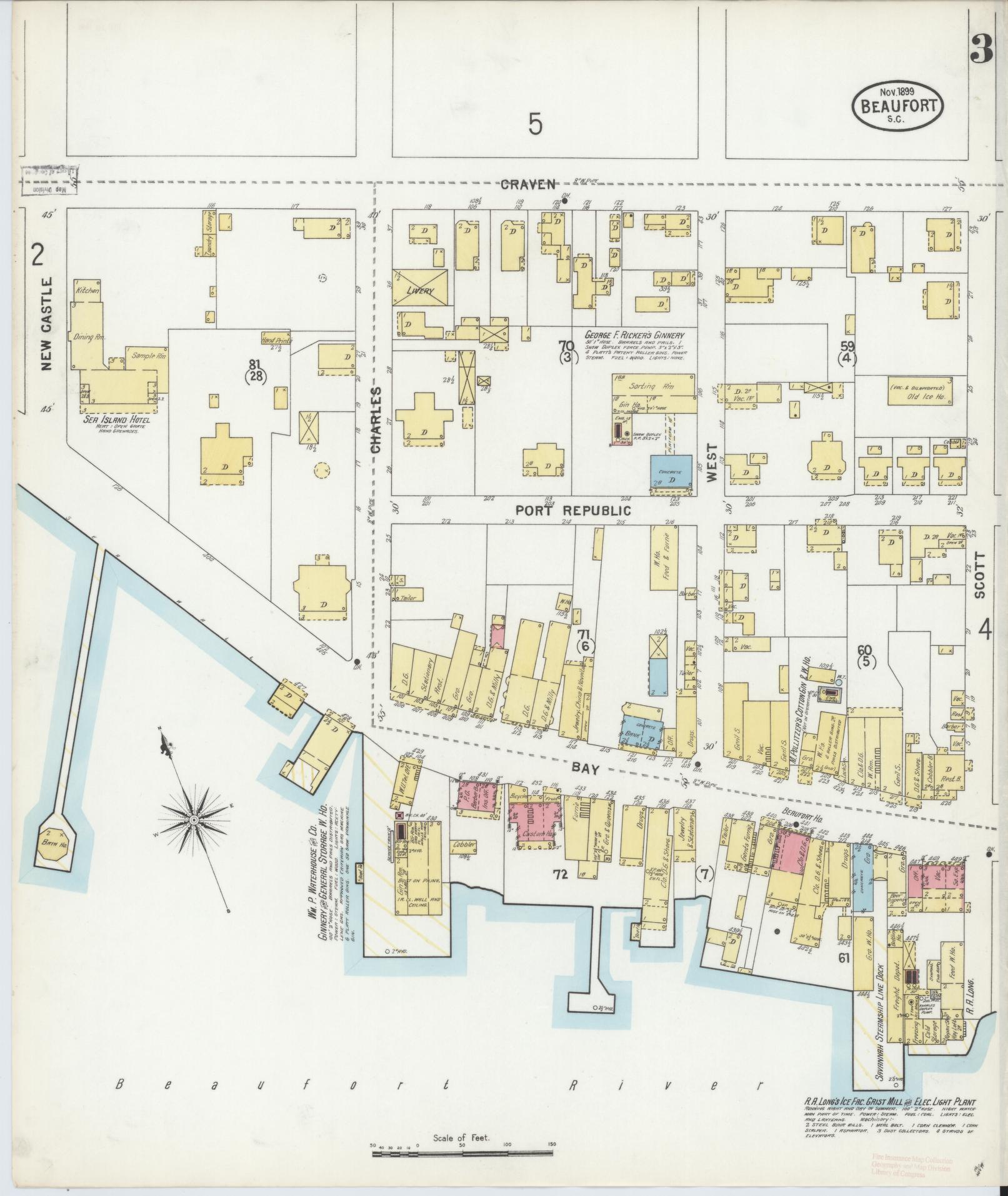 Sanborn Fire Insurance Map from Beaufort, Beaufort County, South Carolina (1899), Sheet #0003 - Historic Sanborn Fire Insurance Map Print, vintage old map wall art, antique decor, genealogy gift, South Carolina South Carolina map