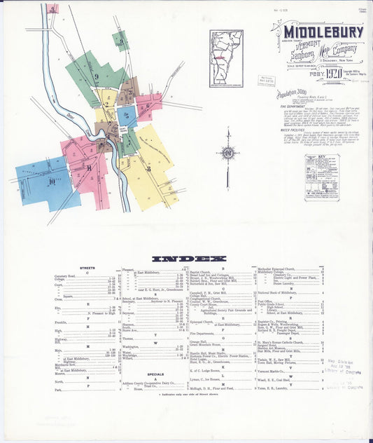 Sanborn Fire Insurance Map from Middlebury, Addison County, Vermont (1920), Sheet #0001 - Historic Sanborn Fire Insurance Map Print, vintage old map wall art, antique decor, genealogy gift, Vermont Vermont map