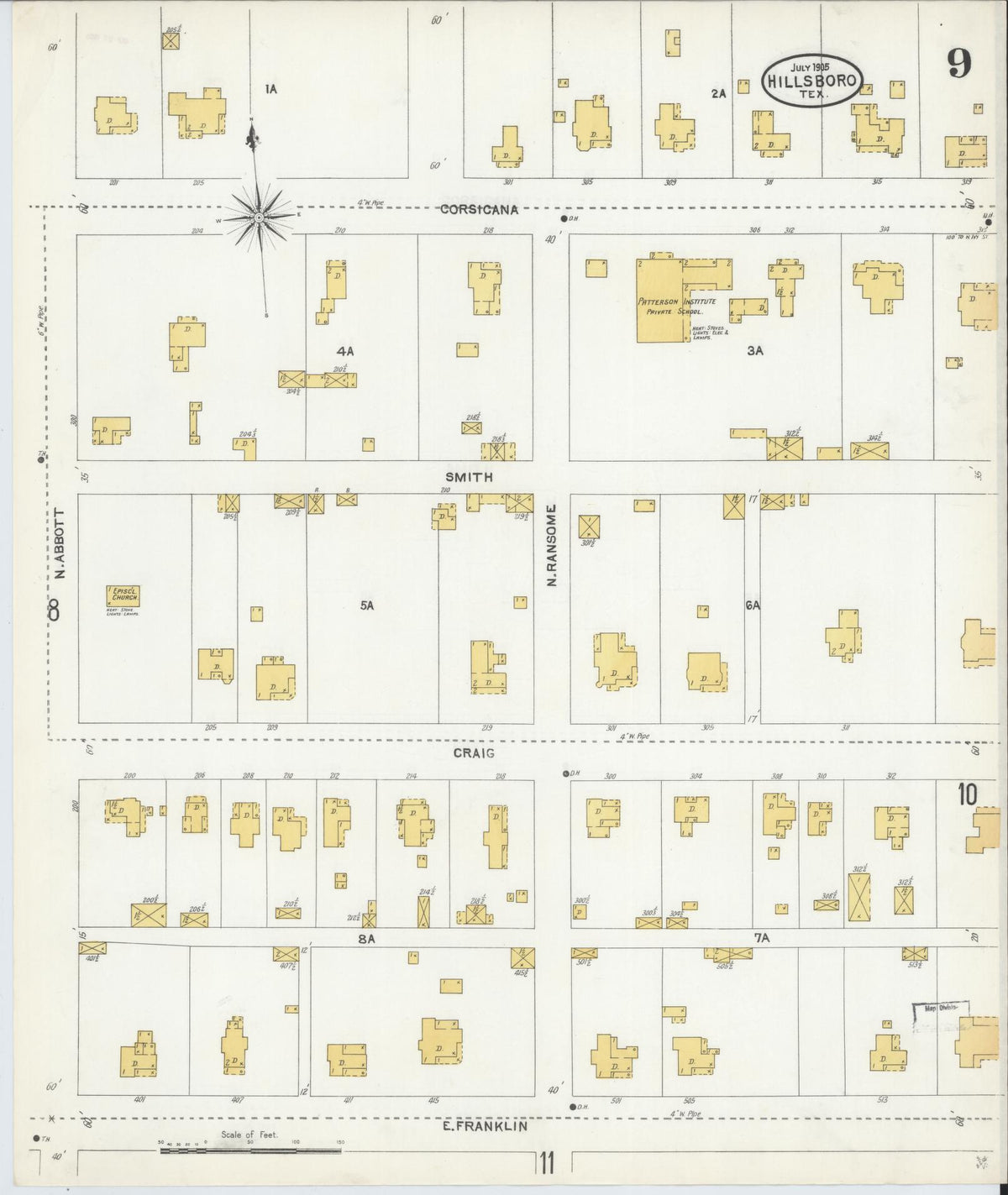 Sanborn Fire Insurance Map from Hillsboro, Hill County, Texas (1905), Sheet #0009 - Complete Map Set gallery image, historic Sanborn map, vintage wall art, Texas Texas