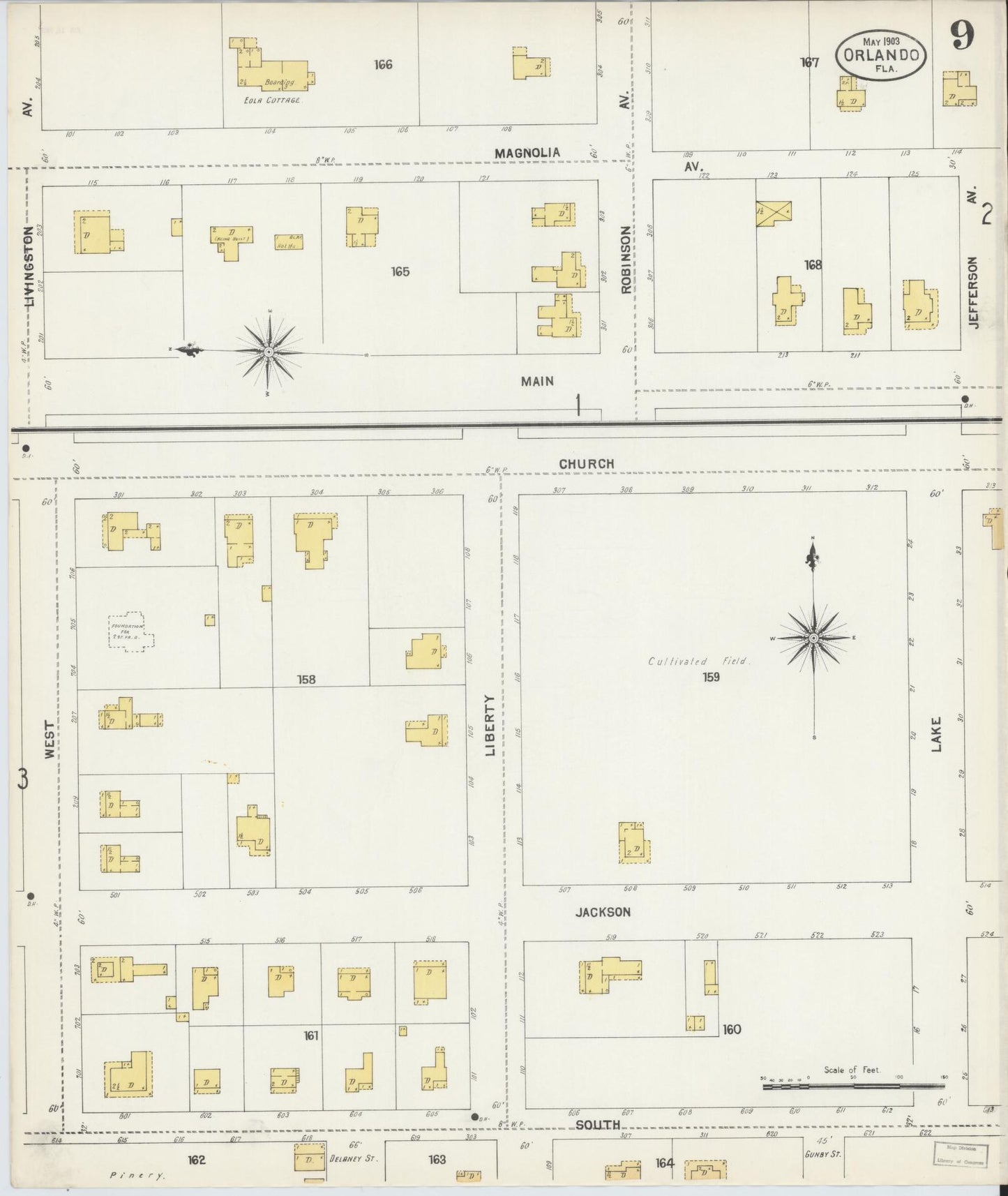 Sanborn Fire Insurance Map from Orlando, Orange County, Florida (1903), Sheet #0009 - Complete Map Set gallery image, historic Sanborn map, vintage wall art, Florida Florida