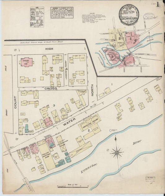 Sanborn Fire Insurance Map from Skowhegan, Somerset County, Maine (1884), Sheet #0001 - Historic Sanborn Fire Insurance Map Print, vintage old map wall art, antique decor, genealogy gift, Maine Maine map