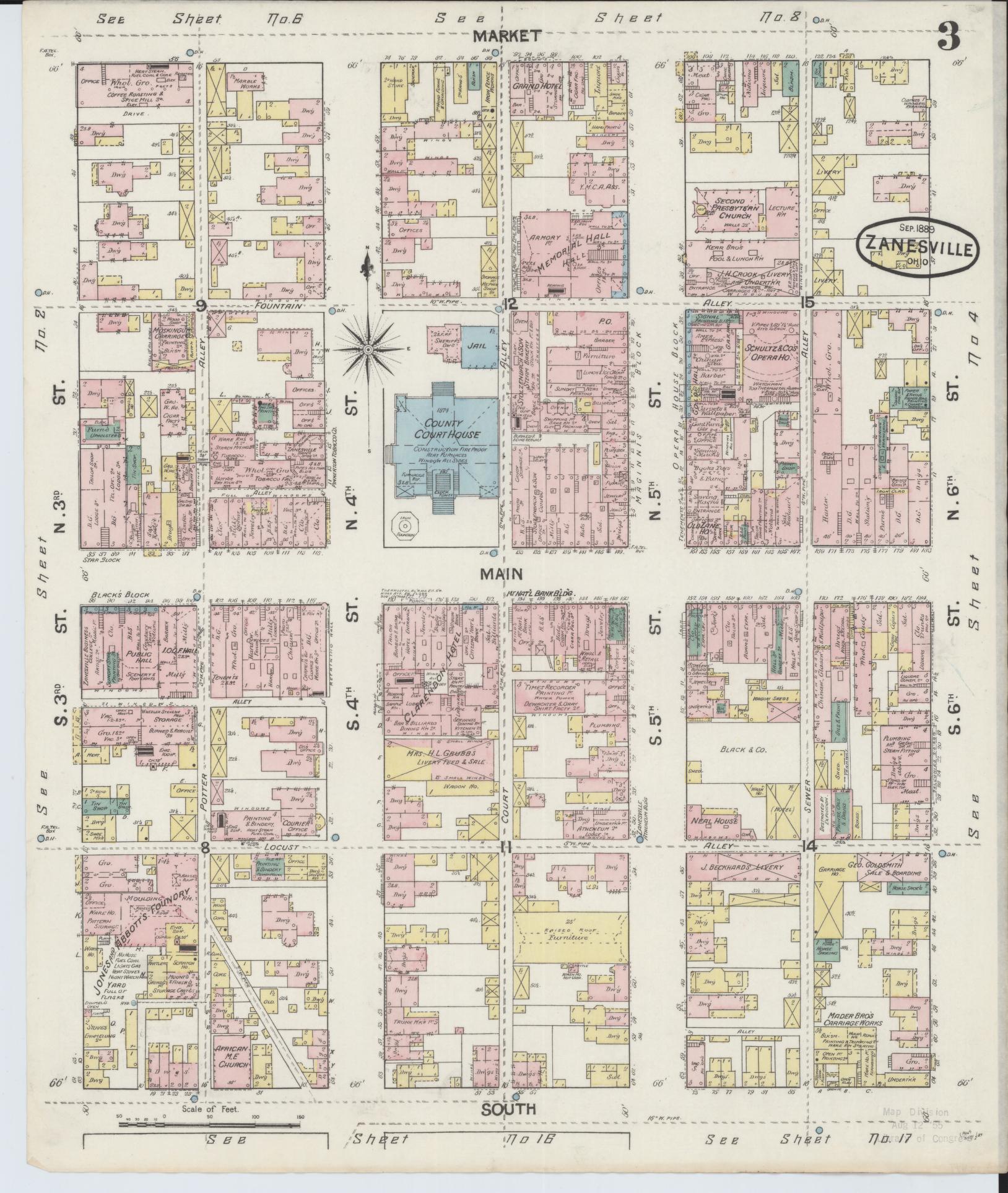 Sanborn Fire Insurance Map from Zanesville, Muskingum County, Ohio (1889), Sheet #0003 - Historic Sanborn Fire Insurance Map Print, vintage old map wall art, antique decor, genealogy gift, Ohio Ohio map