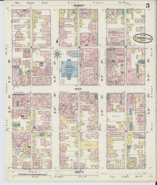 Sanborn Fire Insurance Map from Zanesville, Muskingum County, Ohio (1889), Sheet #0003 - Historic Sanborn Fire Insurance Map Print, vintage old map wall art, antique decor, genealogy gift, Ohio Ohio map