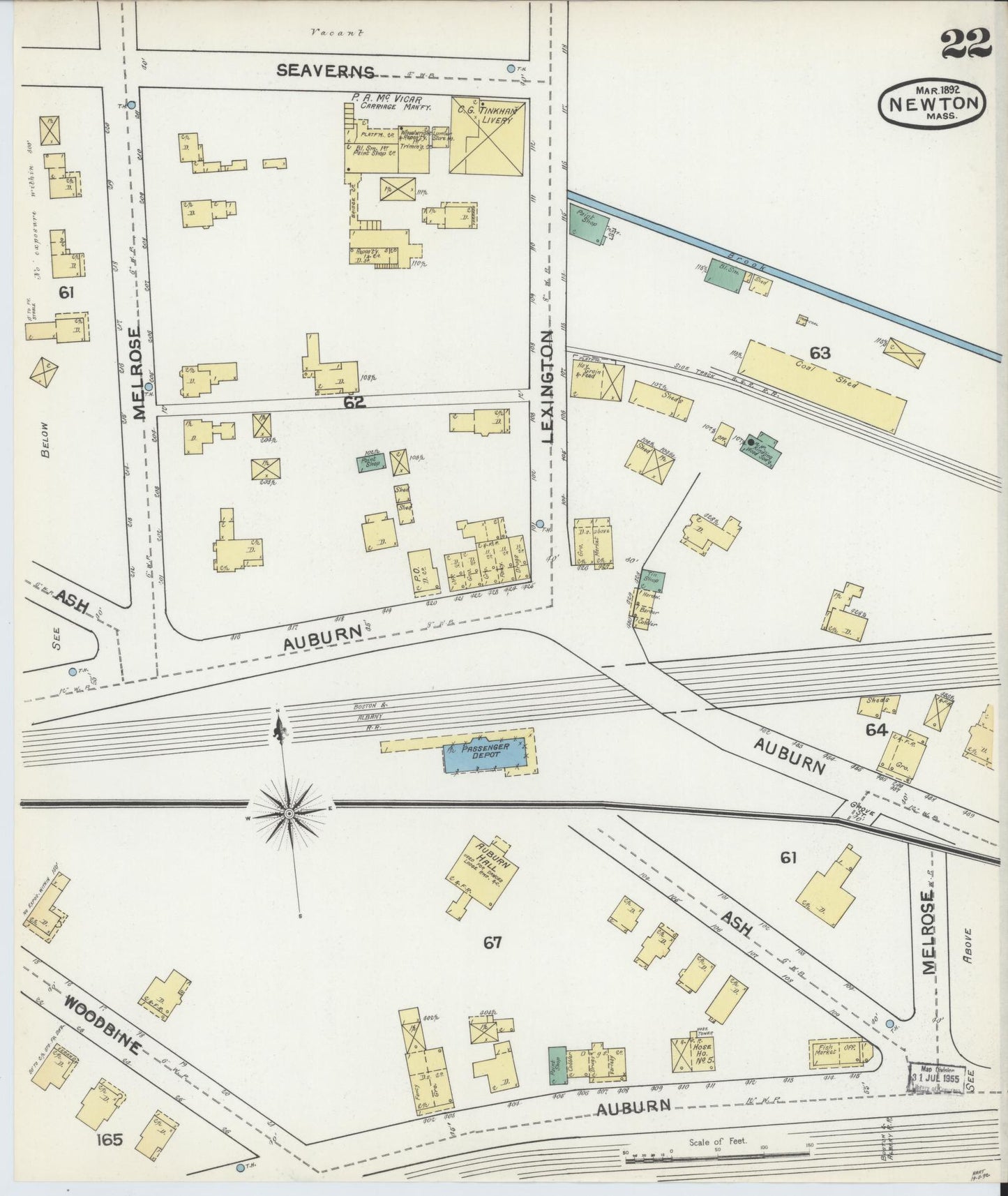 Sanborn Fire Insurance Map from Newton, Middlesex County, Massachusetts (1892), Sheet #0022 - Complete Map Set gallery image, historic Sanborn map, vintage wall art, Massachusetts Massachusetts