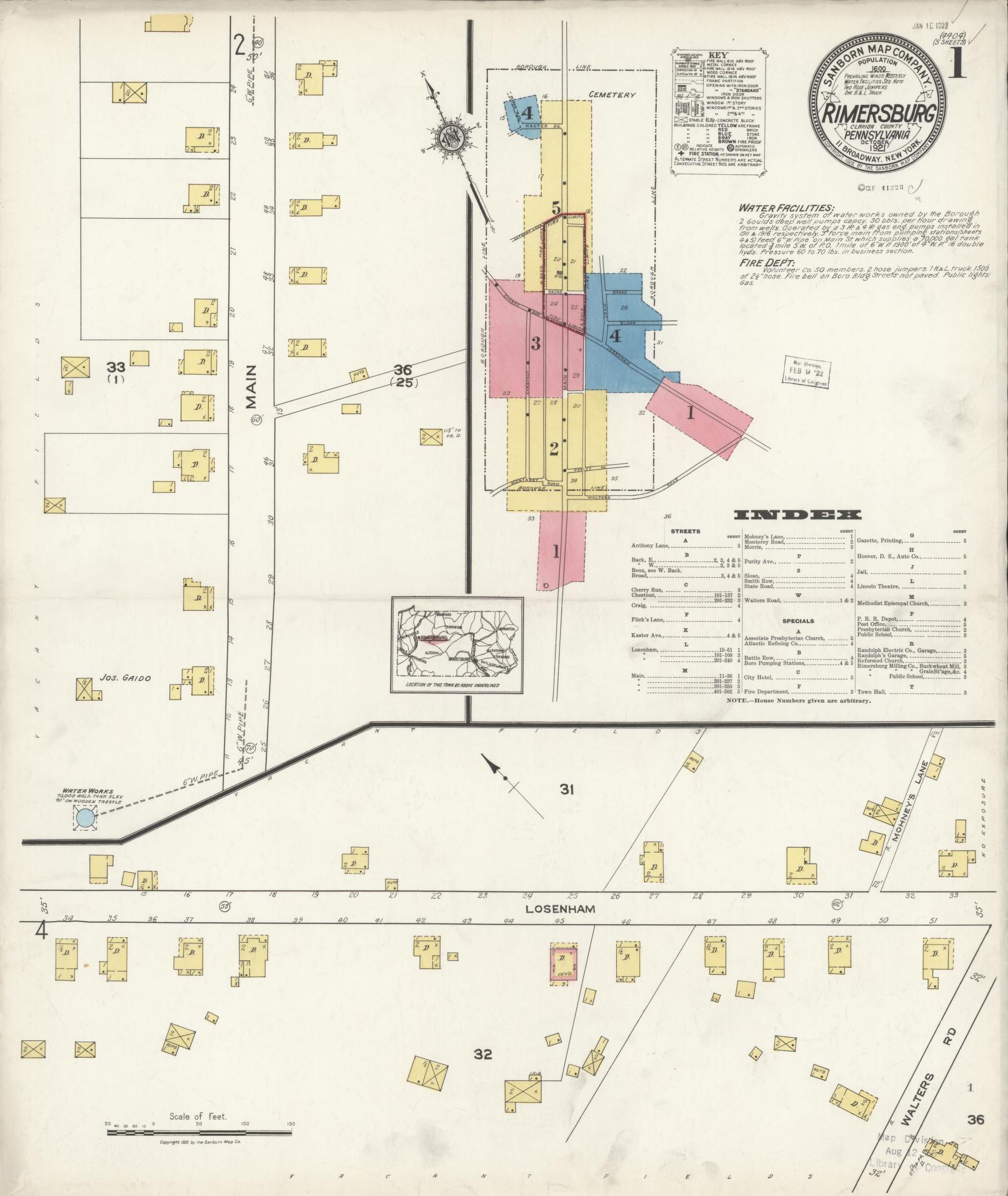 Sanborn Fire Insurance Map from Rimersburg, Clarion County, Pennsylvania (1921), Sheet #0001 - Complete Map Set gallery image, historic Sanborn map, vintage wall art, Pennsylvania Pennsylvania