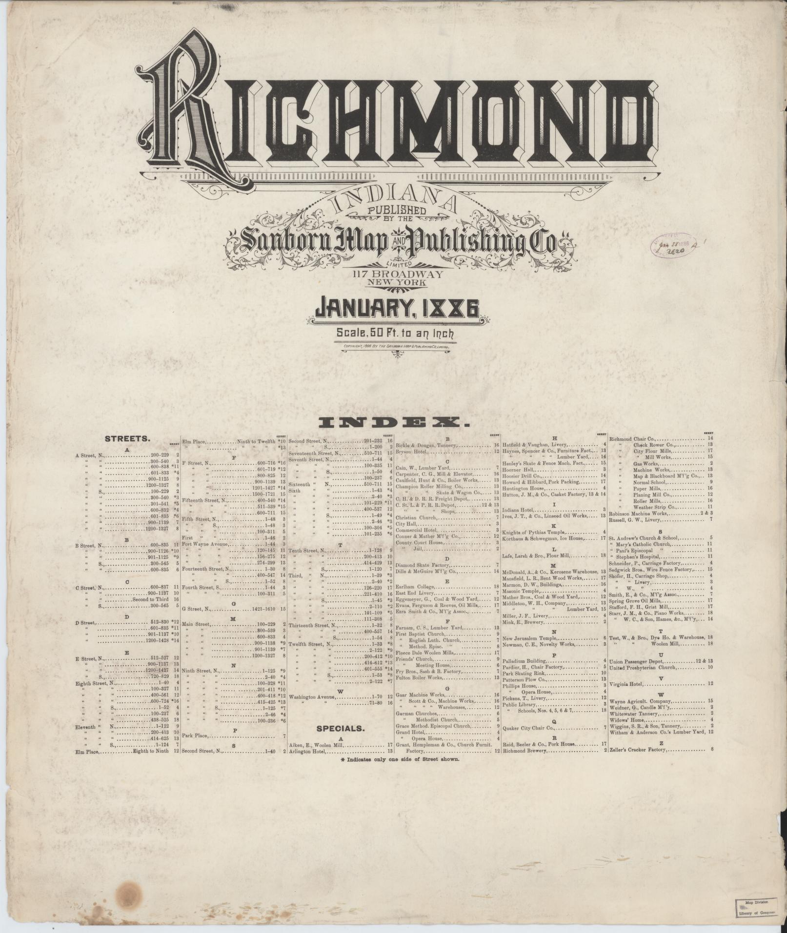 Sanborn Fire Insurance Map from Richmond, Wayne County, Indiana (1886), Sheet #0001 - Historic Sanborn Fire Insurance Map Print, vintage old map wall art, antique decor, genealogy gift, Indiana Indiana map
