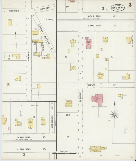 Sanborn Fire Insurance Map from Bamberg, Bamberg County, South Carolina (1898), Sheet #0003 - Historic Sanborn Fire Insurance Map Print, vintage old map wall art, antique decor, genealogy gift, South Carolina South Carolina map