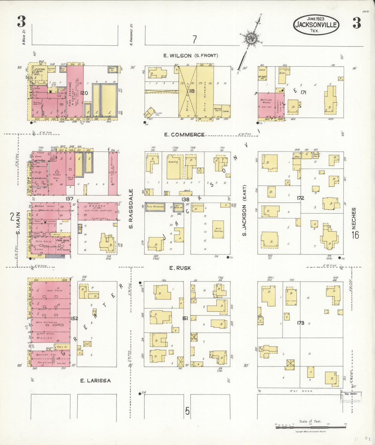 Sanborn Fire Insurance Map from Jacksonville, Cherokee County, Texas (1923), Sheet #0003 - Complete Map Set gallery image, historic Sanborn map, vintage wall art, Texas Texas