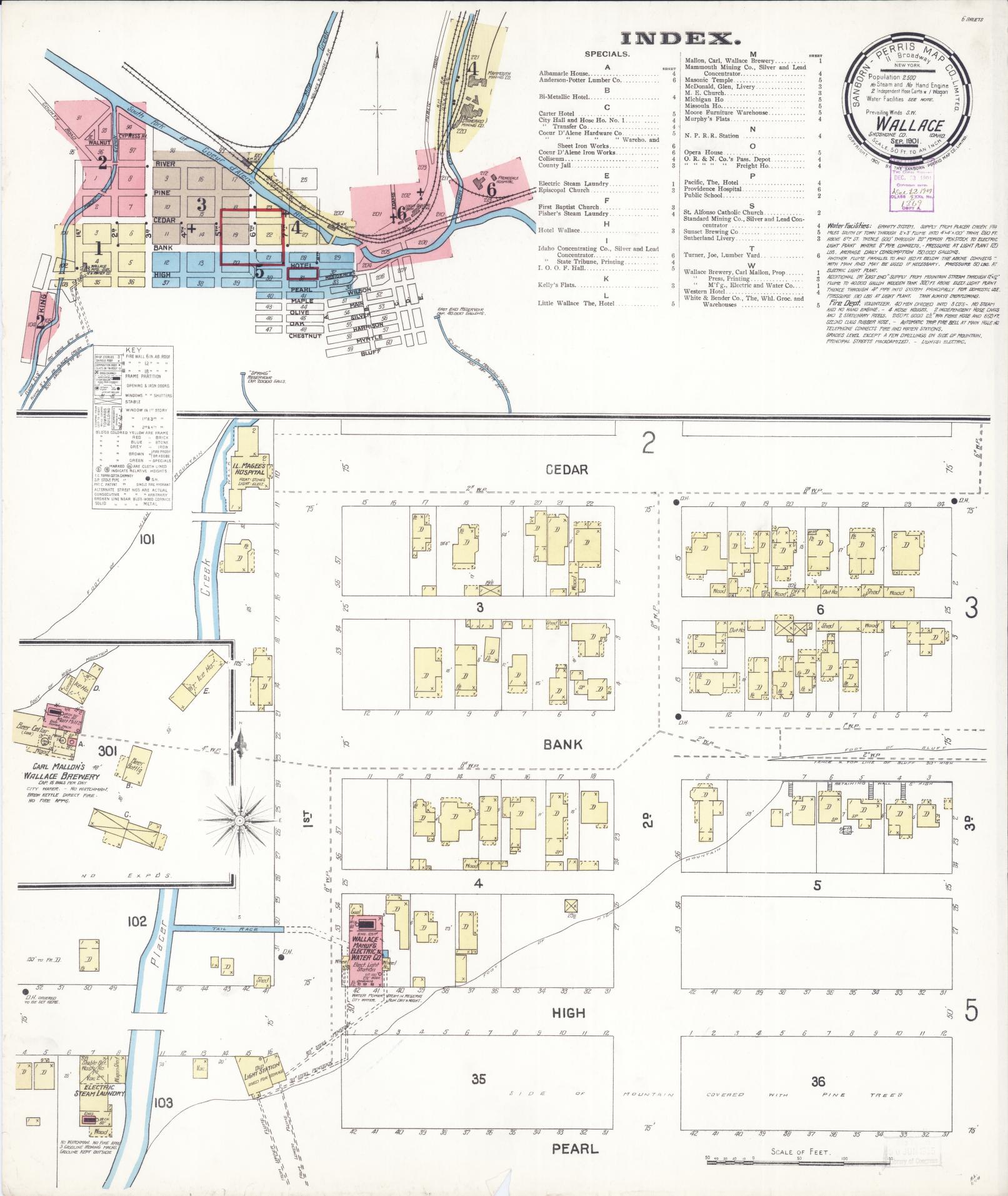 Sanborn Fire Insurance Map from Wallace, Shoshone County, Idaho (1901), Sheet #0001 - Historic Sanborn Fire Insurance Map Print, vintage old map wall art, antique decor, genealogy gift, Idaho Idaho map