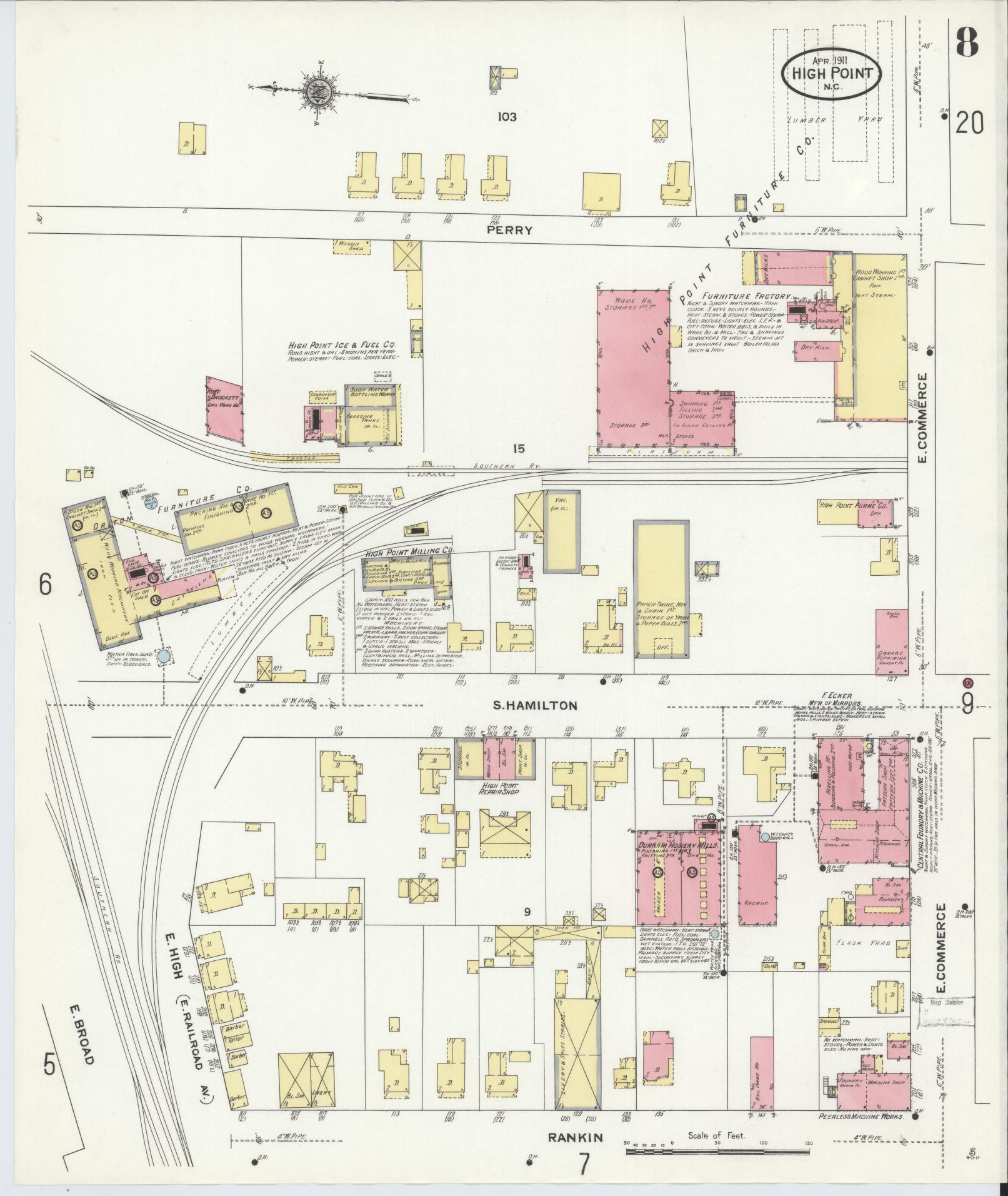 Sanborn Fire Insurance Map from High Point, Guilford County, North Carolina (1911), Sheet #0008 - Historic Sanborn Fire Insurance Map Print, vintage old map wall art, antique decor, genealogy gift, North Carolina North Carolina map