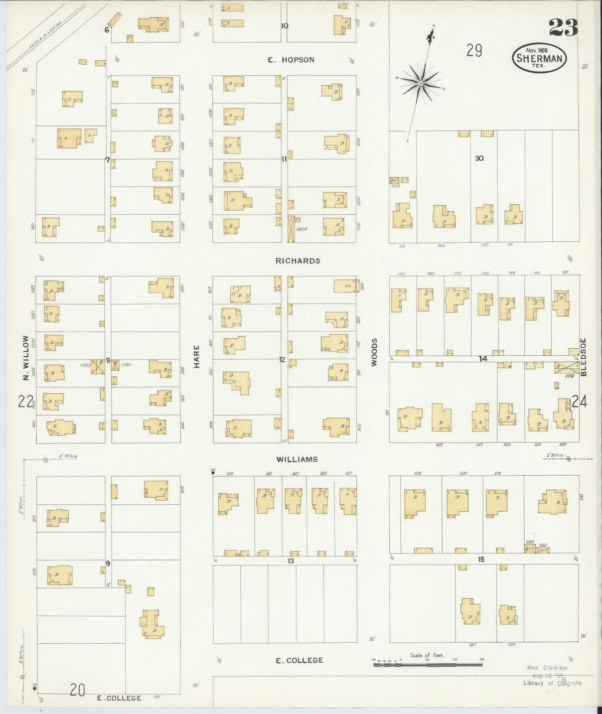 Sanborn Fire Insurance Map from Sherman, Grayson County, Texas (1908), Sheet #0023 - Historic Sanborn Fire Insurance Map Print, vintage old map wall art, antique decor, genealogy gift, Texas Texas map