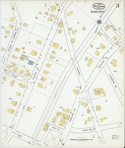 Sanborn Fire Insurance Map from Needham, Norfolk County, Massachusetts (1919), Sheet #0003 - Historic Sanborn Fire Insurance Map Print, vintage old map wall art, antique decor, genealogy gift, Massachusetts Massachusetts map