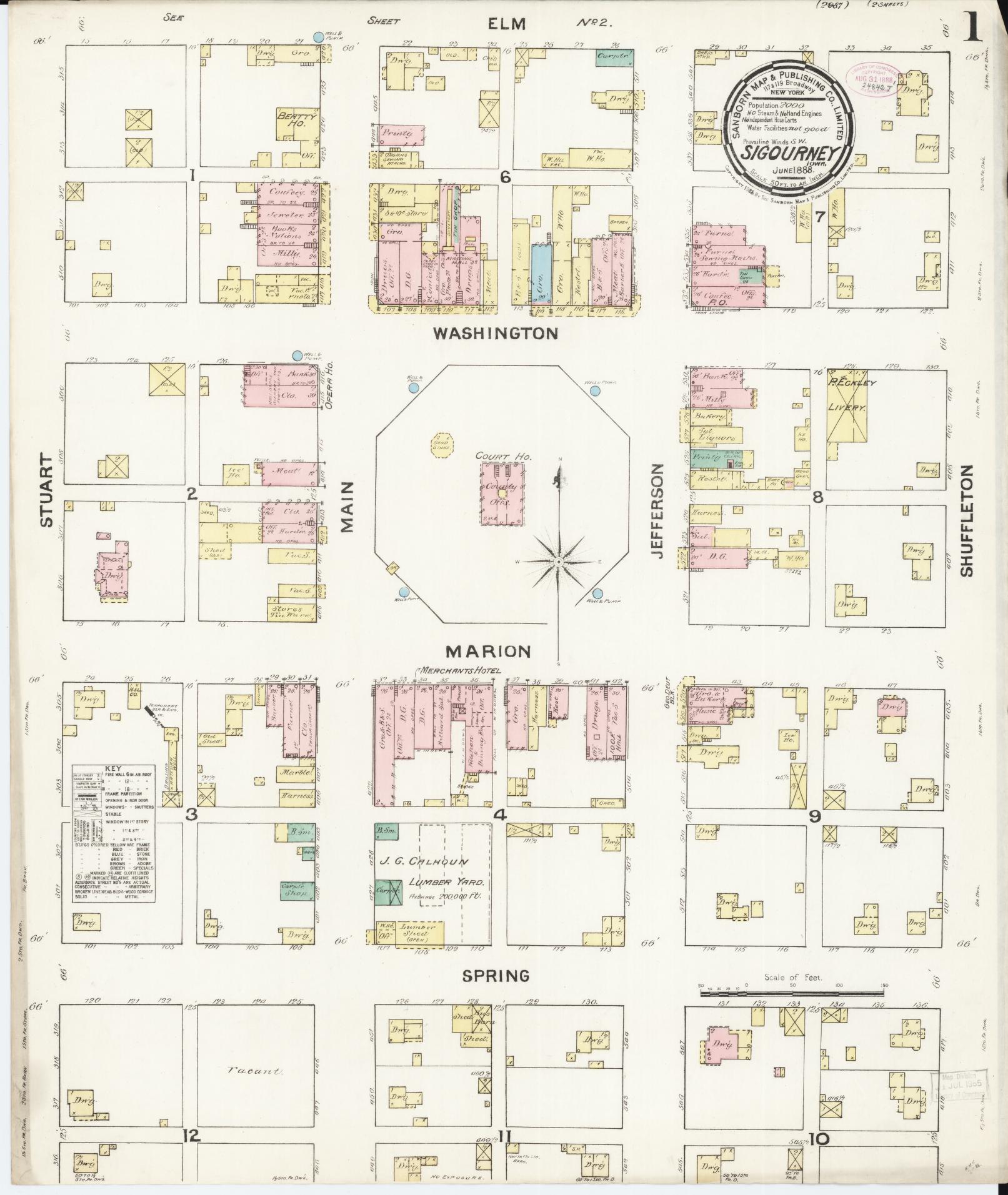 Sanborn Fire Insurance Map from Sigourney, Kiokuk County, Iowa (1888), Sheet #0001 - Historic Sanborn Fire Insurance Map Print, vintage old map wall art