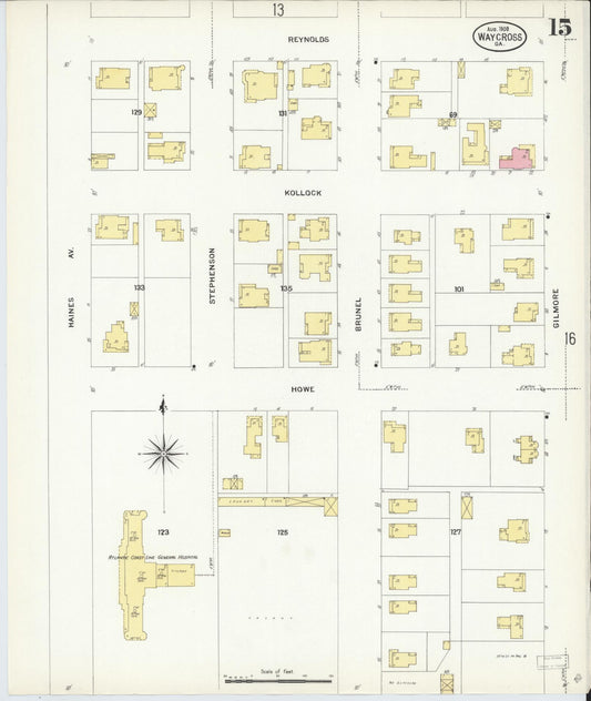Sanborn Fire Insurance Map from Waycross, Ware County, Georgia (1908), Sheet #0015 - Historic Sanborn Fire Insurance Map Print, vintage old map wall art, antique decor, genealogy gift, Georgia Georgia map