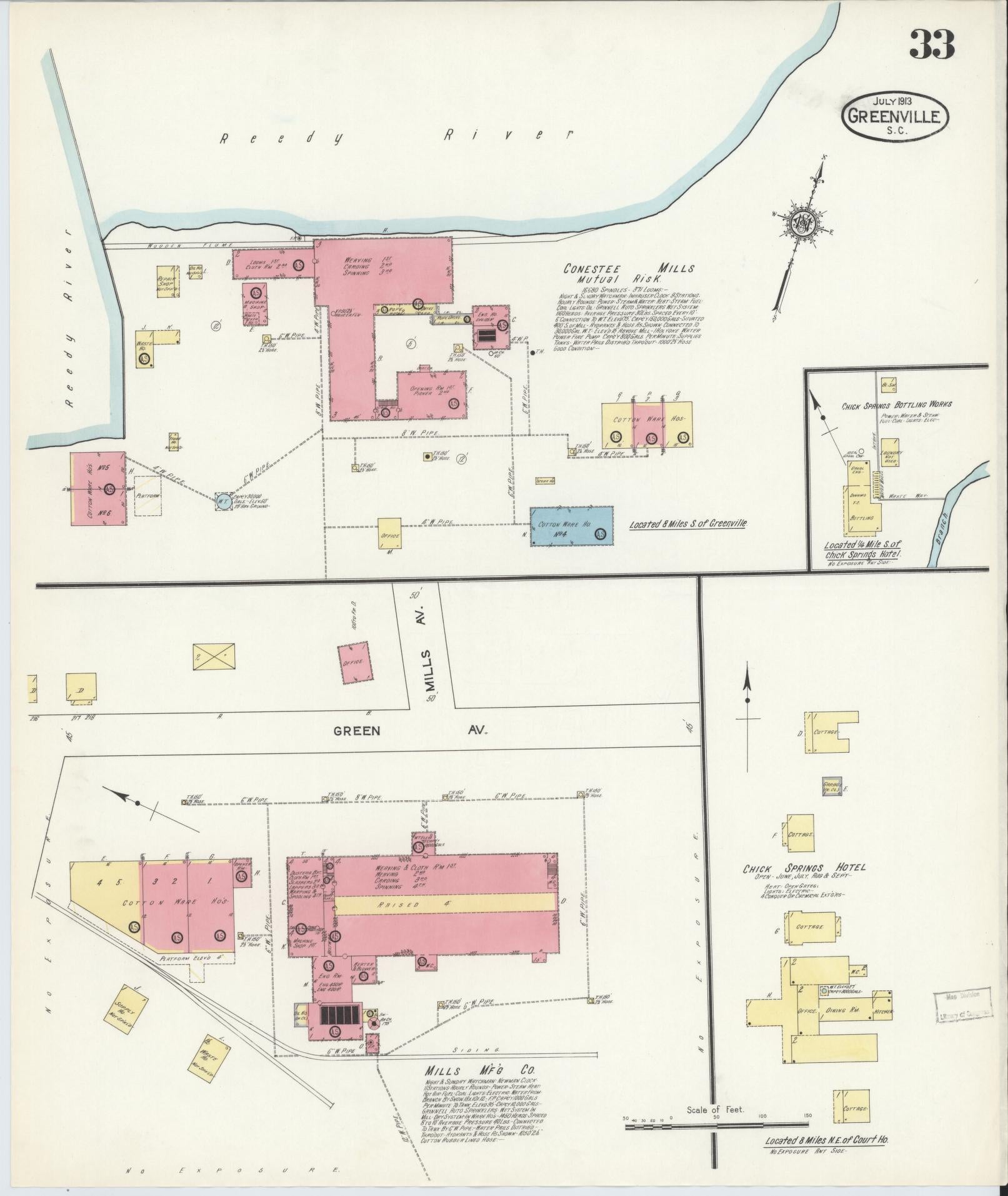 Sanborn Fire Insurance Map from Greenville, Greenville County, South Carolina (1913), Sheet #0033 - Historic Sanborn Fire Insurance Map Print, vintage old map wall art, antique decor, genealogy gift, South Carolina South Carolina map