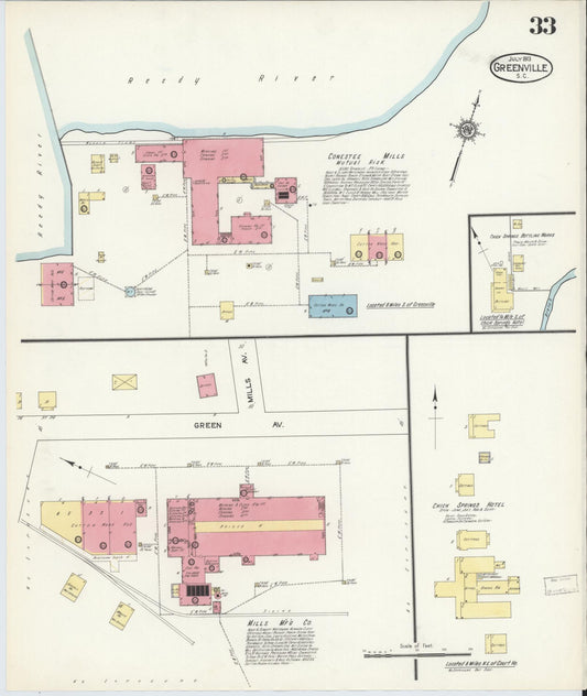 Sanborn Fire Insurance Map from Greenville, Greenville County, South Carolina (1913), Sheet #0033 - Historic Sanborn Fire Insurance Map Print, vintage old map wall art, antique decor, genealogy gift, South Carolina South Carolina map
