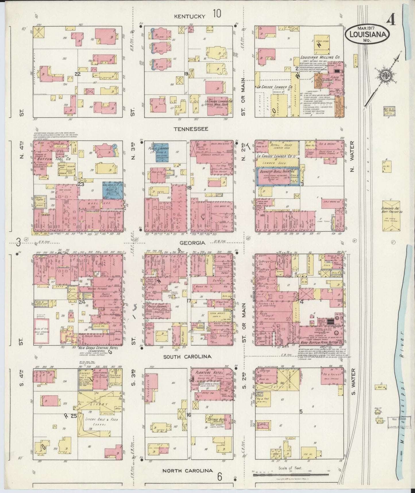 Sanborn Fire Insurance Map from Louisiana, Pike County, Missouri (1917), Sheet #0004 - Complete Map Set gallery image, historic Sanborn map, vintage wall art, Missouri Missouri