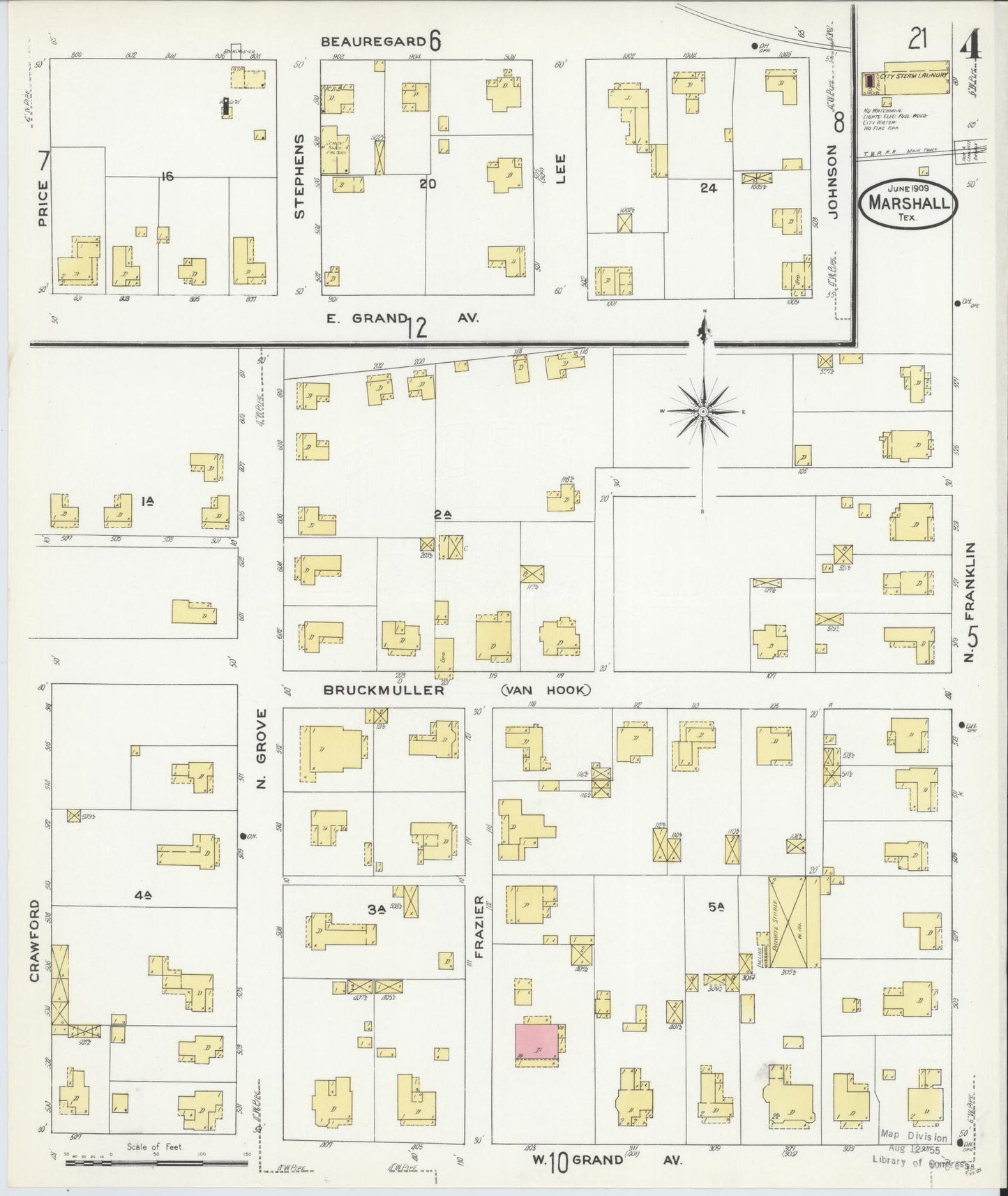 Sanborn Fire Insurance Map from Marshall, Harrison County, Texas (1909), Sheet #0004 - Complete Map Set gallery image, historic Sanborn map, vintage wall art, Texas Texas