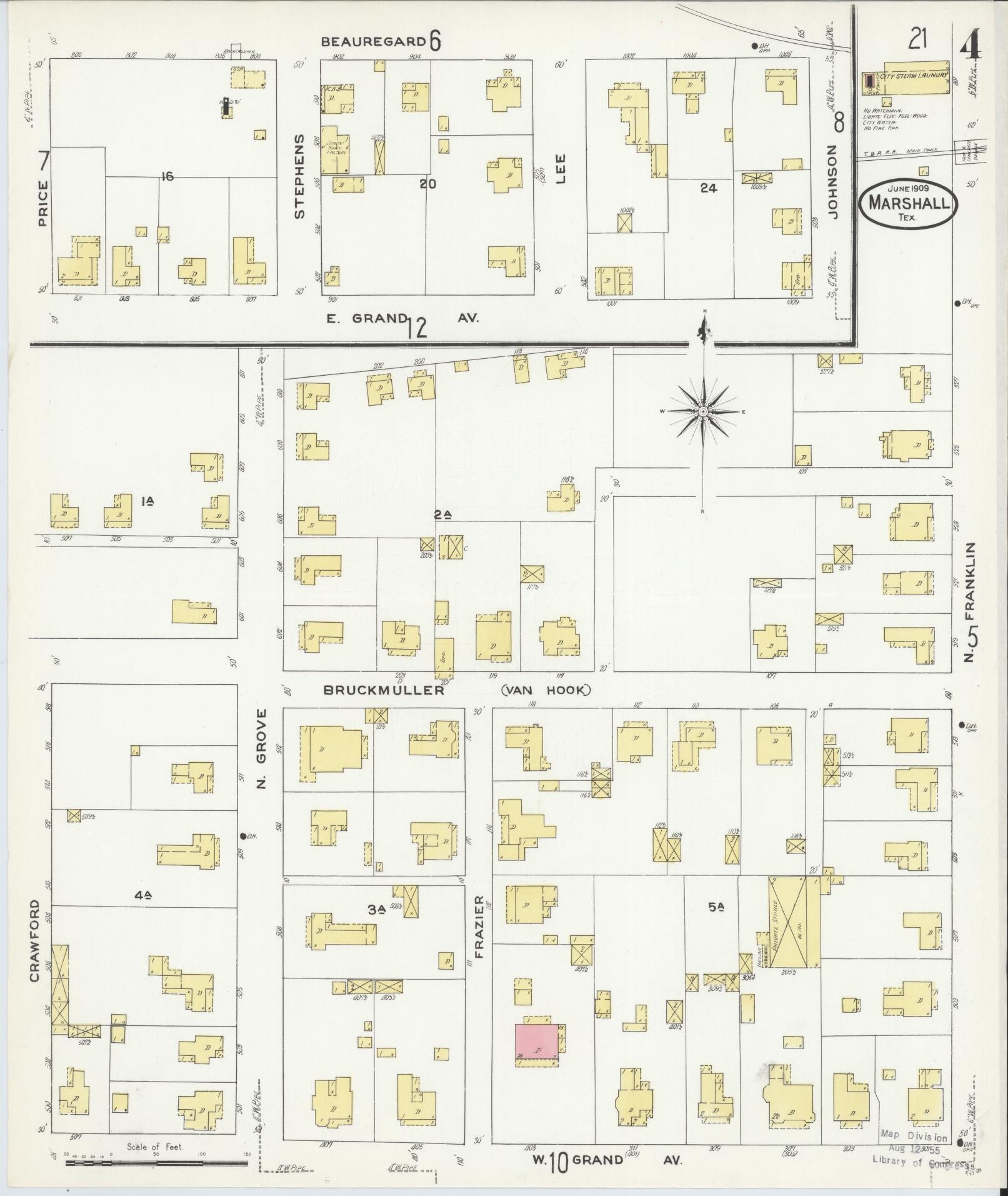 Sanborn Fire Insurance Map from Marshall, Harrison County, Texas (1909), Sheet #0004 - Complete Map Set gallery image, historic Sanborn map, vintage wall art, Texas Texas