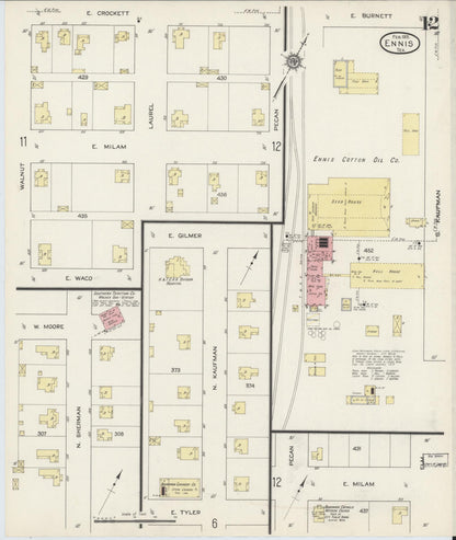 Sanborn Fire Insurance Map from Ennis, Ellis County, Texas (1915), Sheet #0012 - Complete Map Set gallery image, historic Sanborn map, vintage wall art, Texas Texas