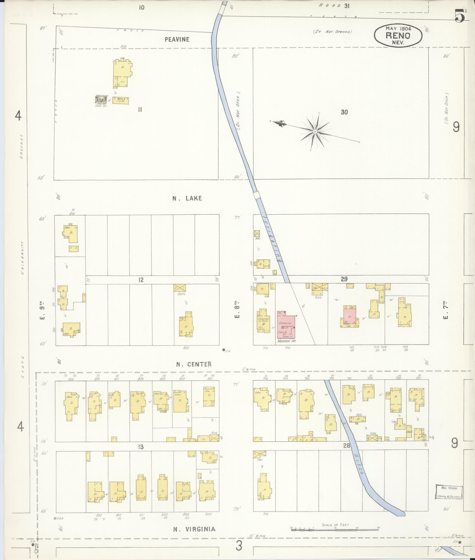 Sanborn Fire Insurance Map from Reno, Washoe County, Nevada (1904), Sheet #0005 - Historic Sanborn Fire Insurance Map Print, vintage old map wall art, antique decor, genealogy gift, Nevada Nevada map