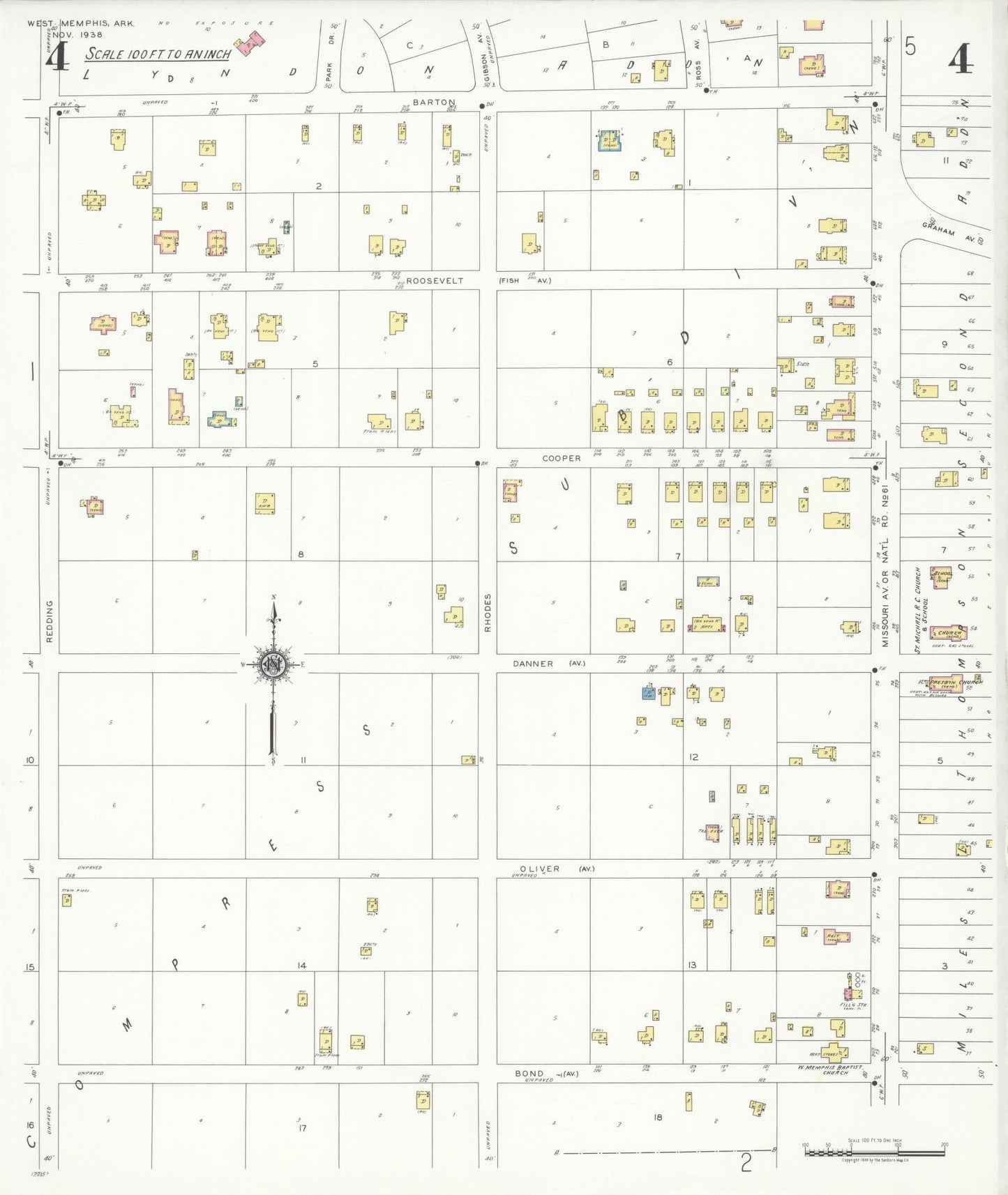 Sanborn Fire Insurance Map from West Memphis, Crittenden County, Arkansas (1938), Sheet #0004 - Historic Sanborn Fire Insurance Map Print, vintage old map wall art, antique decor, genealogy gift, Arkansas Arkansas map
