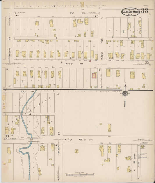 Sanborn Fire Insurance Map from Sault Sainte Marie, Chippewa County, Michigan (1922), Sheet #0033 - Historic Sanborn Fire Insurance Map Print, vintage old map wall art, antique decor, genealogy gift, Michigan Michigan map