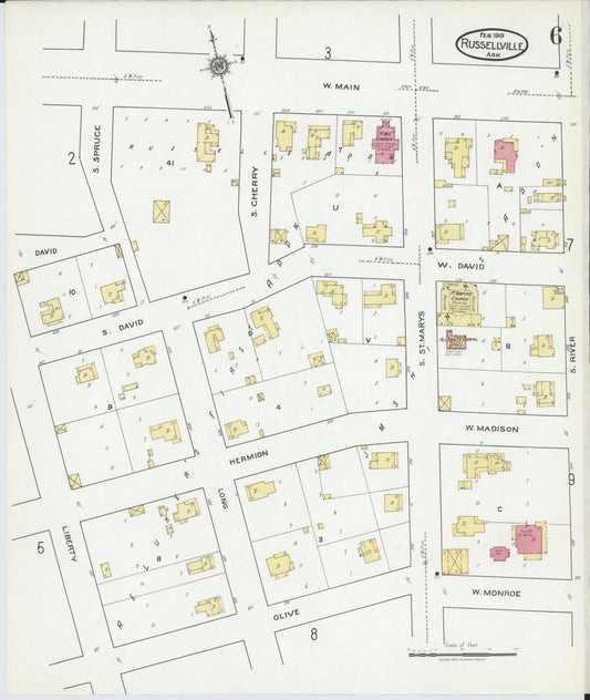 Sanborn Fire Insurance Map from Russellville, Pope County, Arkansas (1919), Sheet #0006 - Historic Sanborn Fire Insurance Map Print, vintage old map wall art, antique decor, genealogy gift, Arkansas Arkansas map