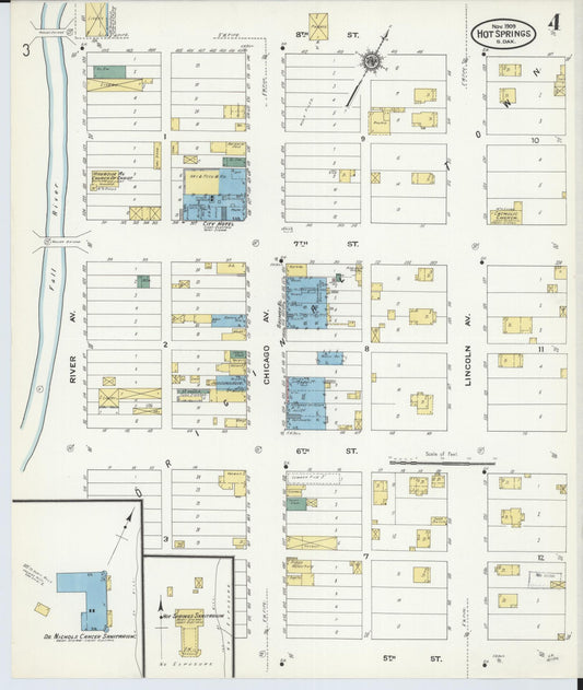 Sanborn Fire Insurance Map from Hot Springs, Fall River County, South Dakota (1909), Sheet #0004 - Historic Sanborn Fire Insurance Map Print, vintage old map wall art, antique decor, genealogy gift, South Dakota South Dakota map