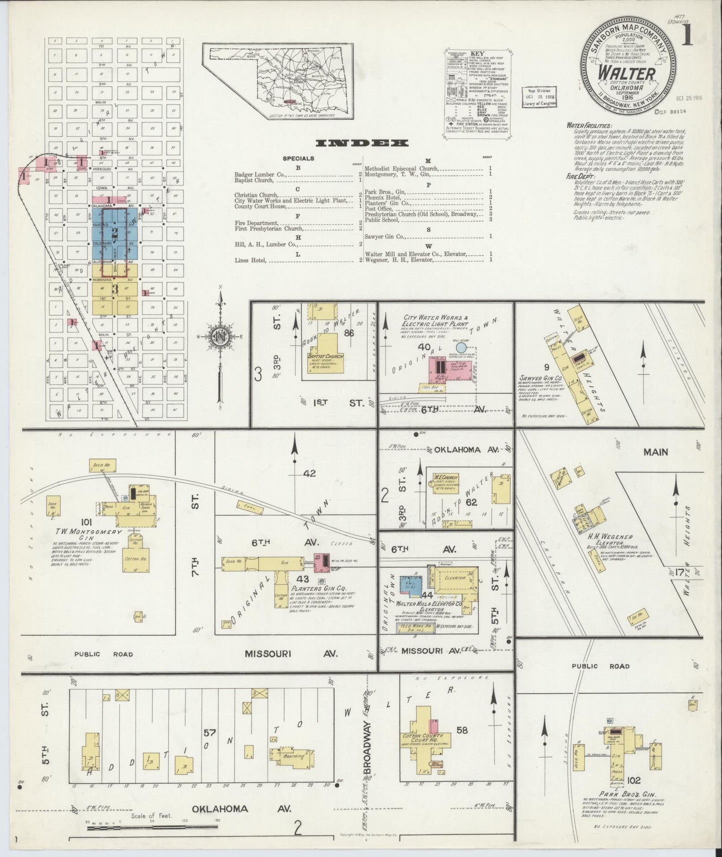 Sanborn Fire Insurance Map from Walters, Cotton County, Oklahoma (1916), Sheet #0001 - Complete Map Set gallery image, historic Sanborn map, vintage wall art, Oklahoma Oklahoma
