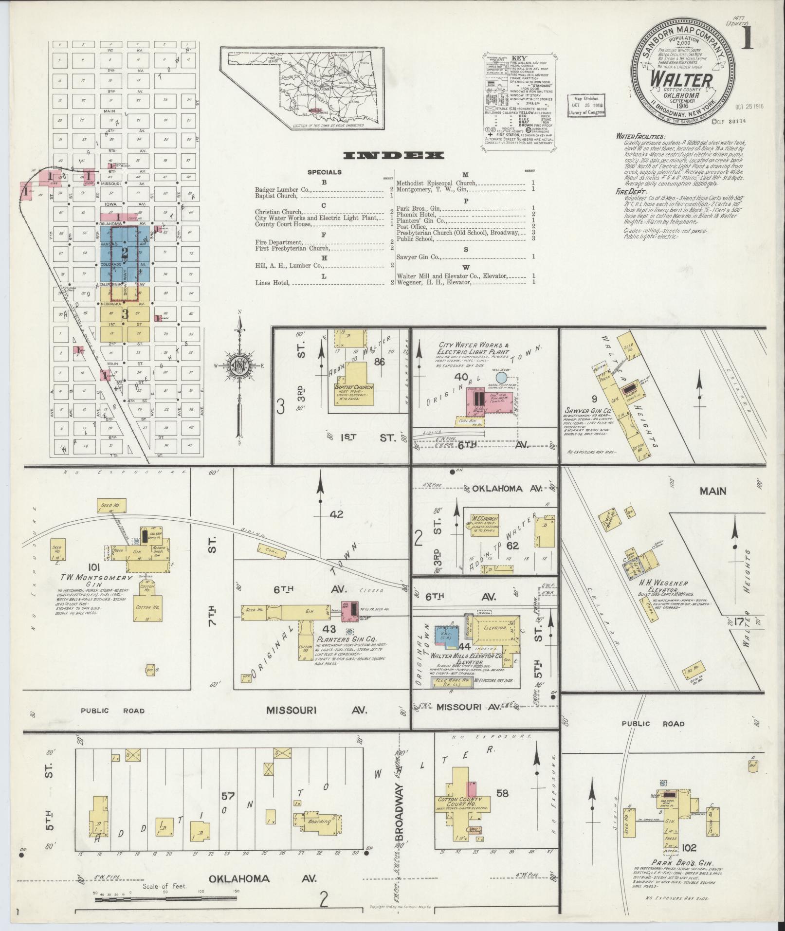 Sanborn Fire Insurance Map from Walters, Cotton County, Oklahoma (1916), Sheet #0001 - Complete Map Set gallery image, historic Sanborn map, vintage wall art, Oklahoma Oklahoma