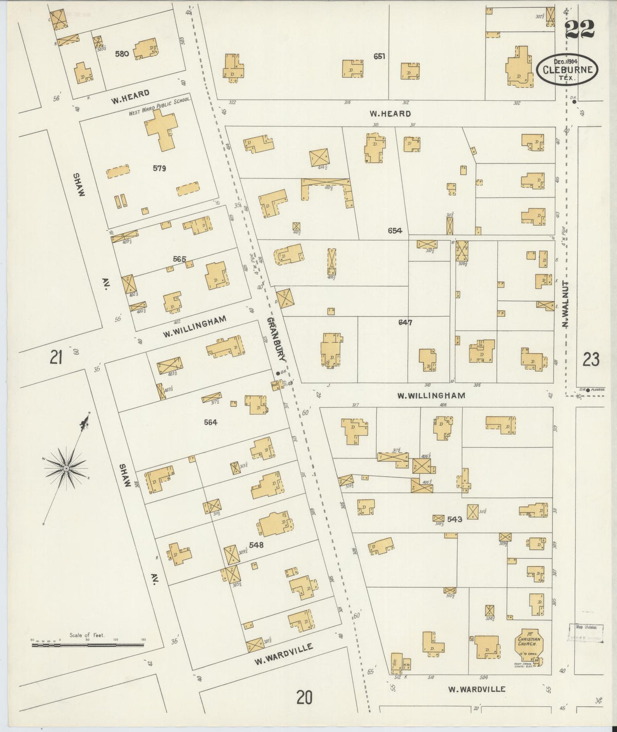 Sanborn Fire Insurance Map from Cleburne, Johnson County, Texas (1904), Sheet #0022 - Complete Map Set gallery image, historic Sanborn map, vintage wall art, Texas Texas