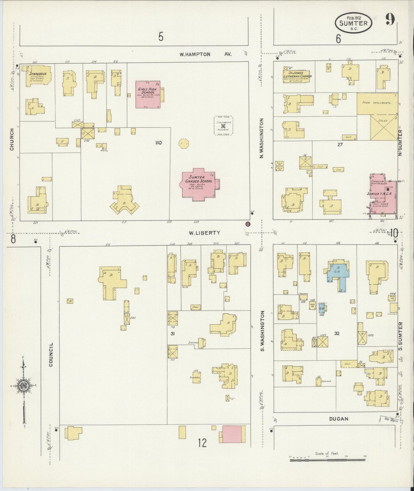 Sanborn Fire Insurance Map from Sumter, Sumter County, South Carolina (1912), Sheet #0009 - Historic Sanborn Fire Insurance Map Print, vintage old map wall art, antique decor, genealogy gift, South Carolina South Carolina map