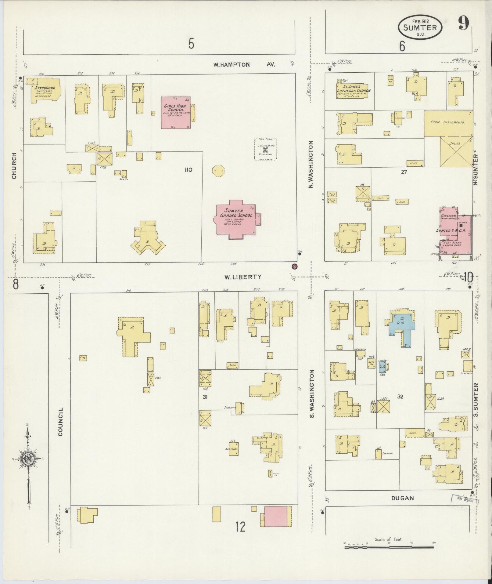 Sanborn Fire Insurance Map from Sumter, Sumter County, South Carolina (1912), Sheet #0009 - Historic Sanborn Fire Insurance Map Print, vintage old map wall art, antique decor, genealogy gift, South Carolina South Carolina map