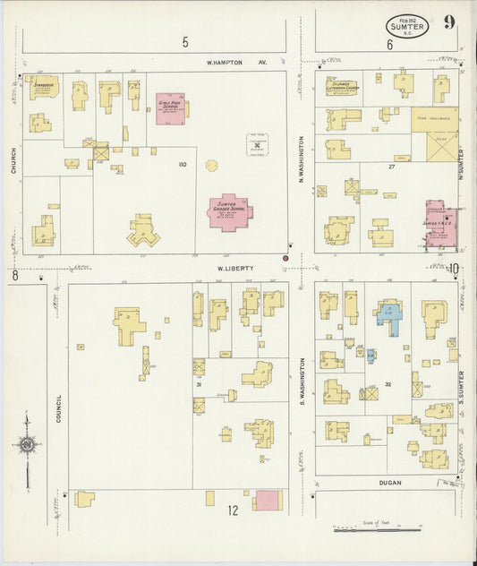 Sanborn Fire Insurance Map from Sumter, Sumter County, South Carolina (1912), Sheet #0009 - Historic Sanborn Fire Insurance Map Print, vintage old map wall art, antique decor, genealogy gift, South Carolina South Carolina map